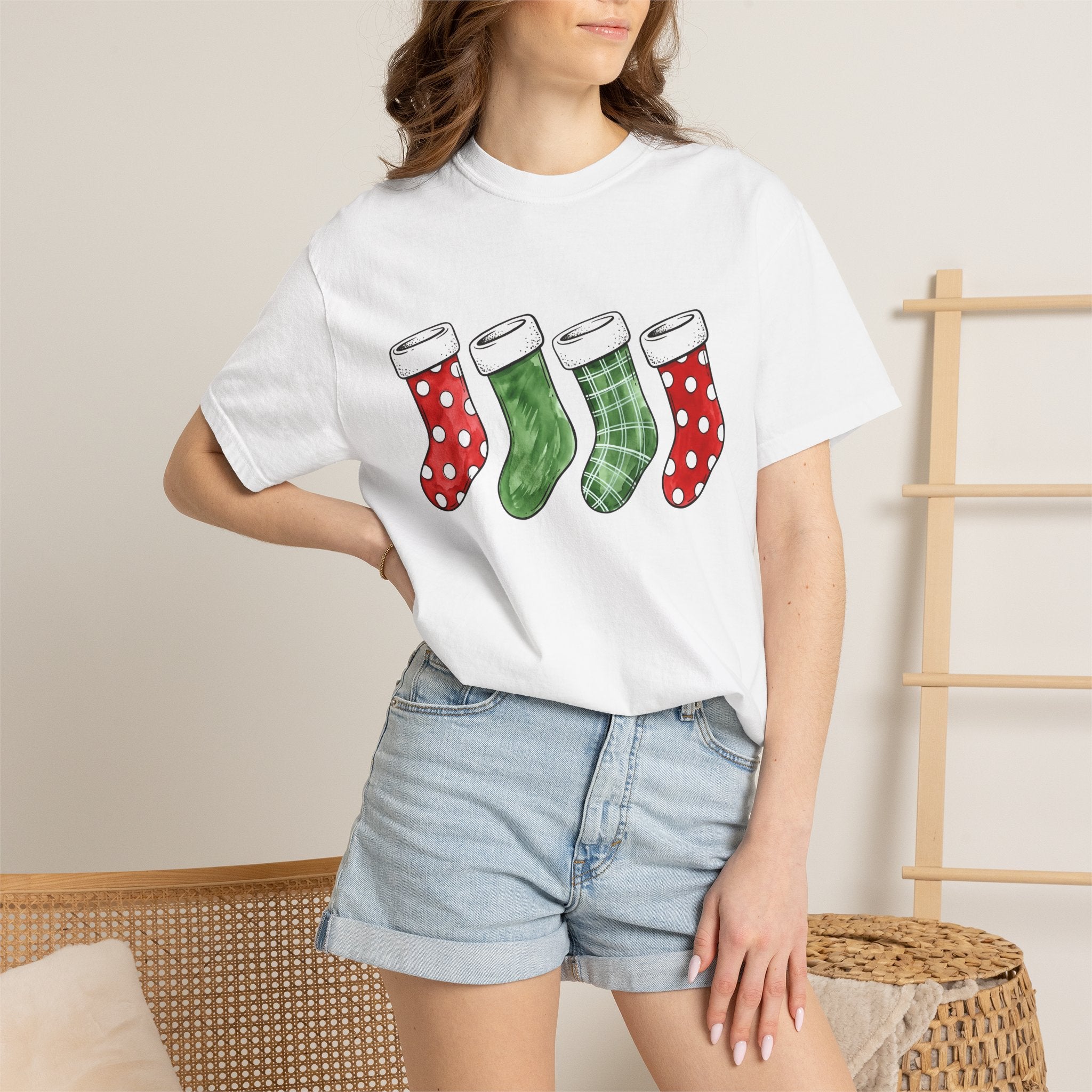 Christmas Stockings Shirt Christmas Holiday Gift Women Watercolor Tee Stocking T-Shirt Xmas Fan Watercolour Tshirt Seasonal Graphic Sketch