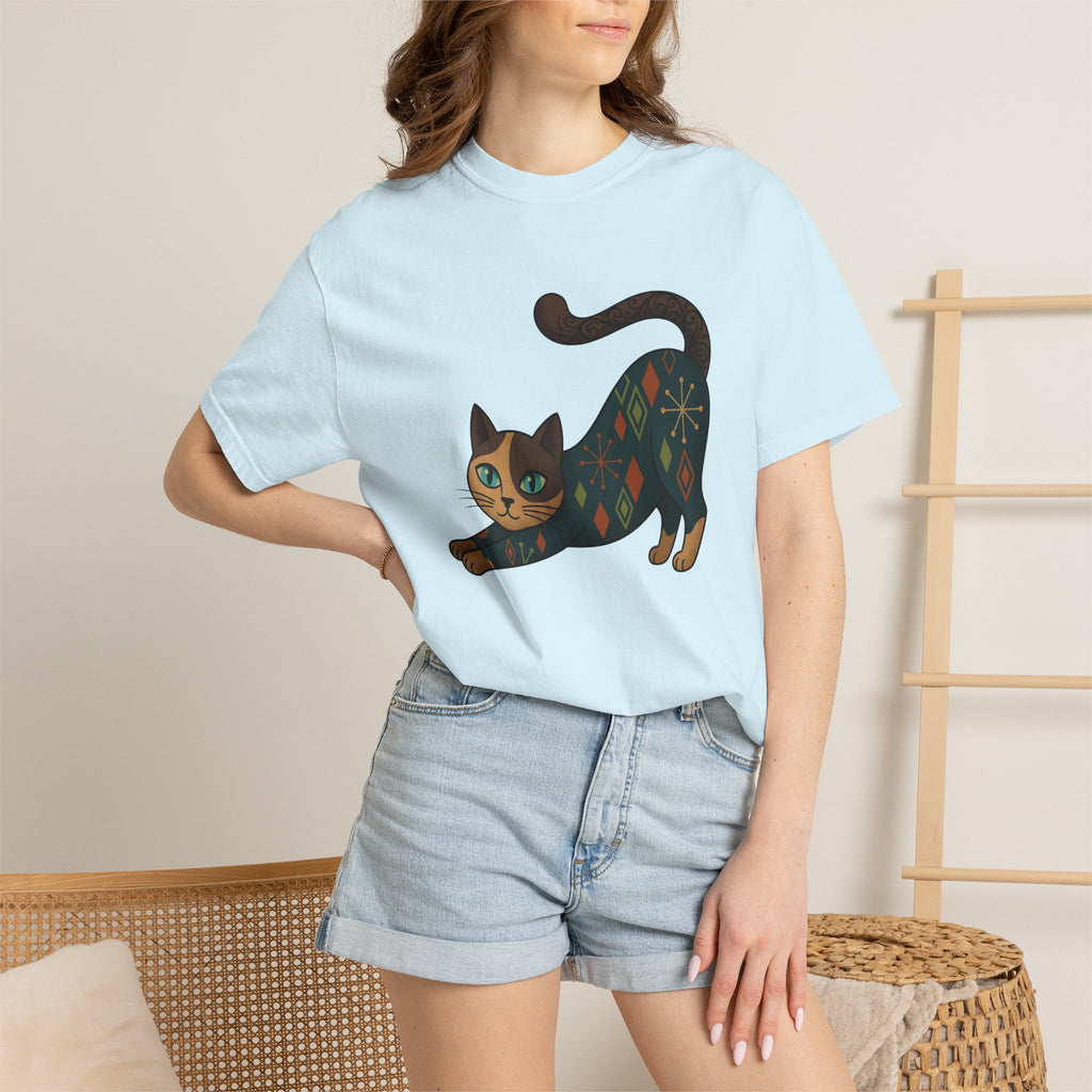 Stretching Cat Shirt Cat Animal Gift Women Mid Century Tee Kitten T-Shirt Cat Fan Fifties Tshirt Wildlife Graphic Retro Geometric Pattern