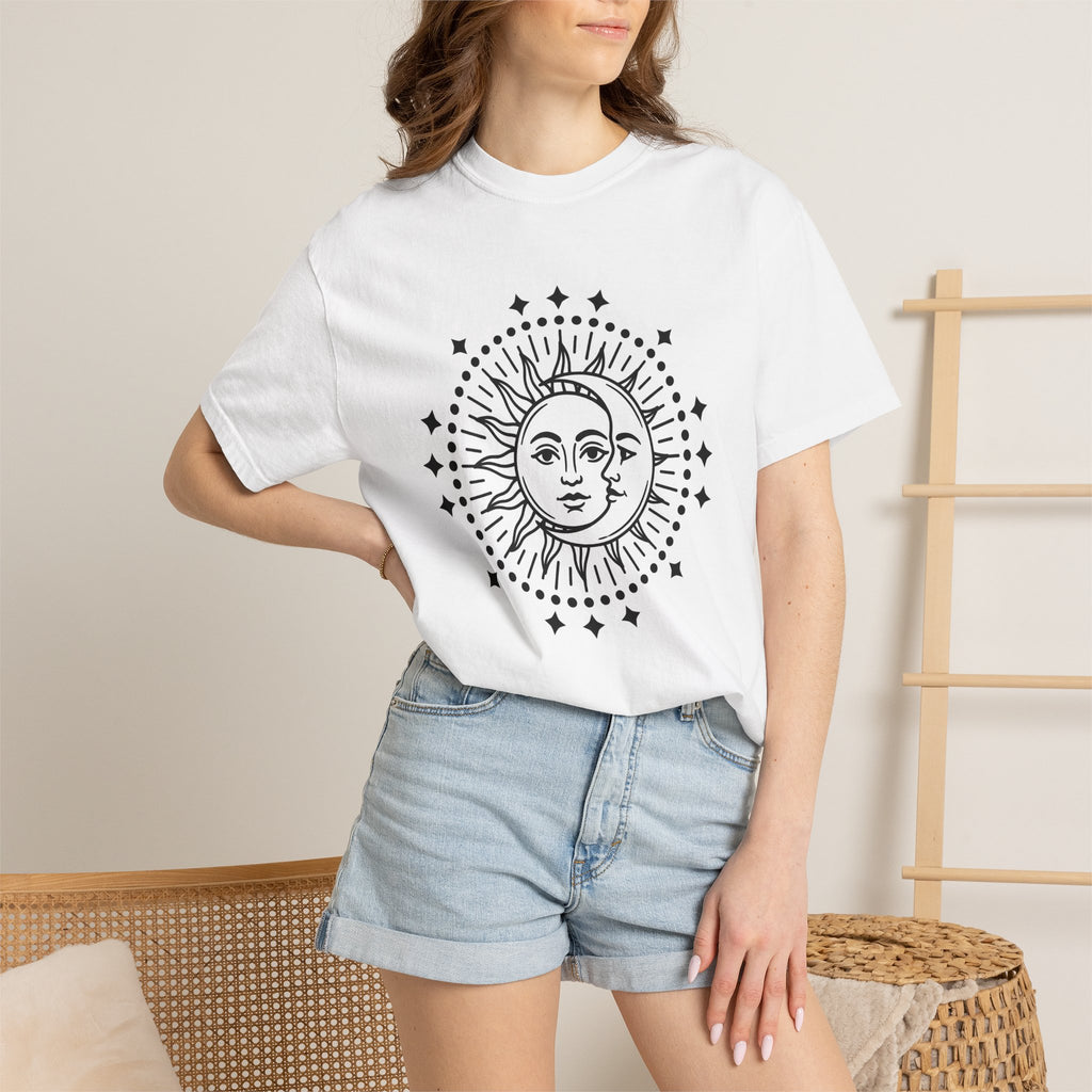 Sun Moon Faces Shirt Boho Chic Cosmos Gift Women Fantasy Tee Celestial T-Shirt Bohemian Enthusiast Mystical Tshirt Galaxy Graphic Gypsy