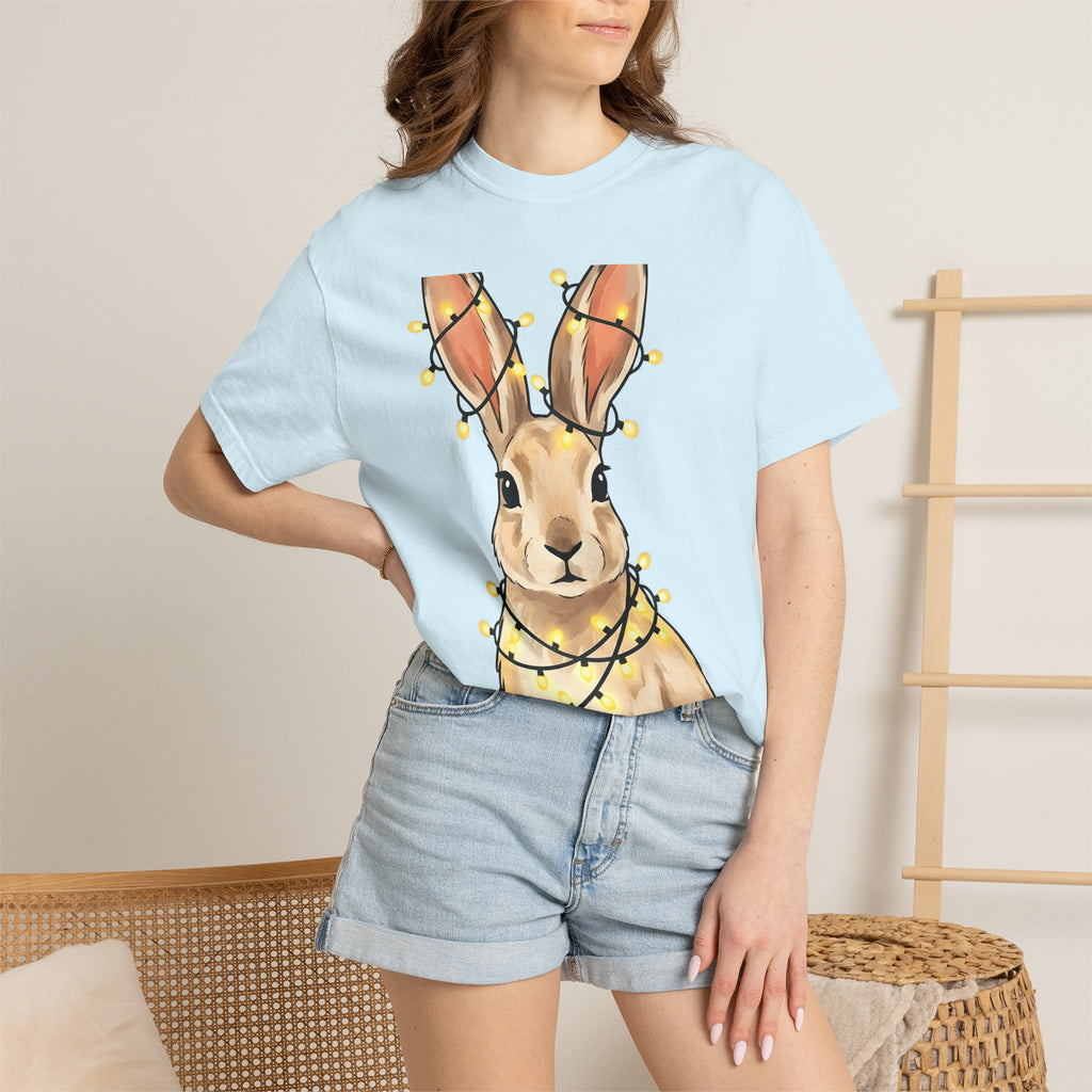 Rabbit Shirt Animals Christmas Gift Women Adorable Tee Bunny T-Shirt Pet Fan Cute Tshirt Winter Graphic Sketch Fairy Lights Tshirt