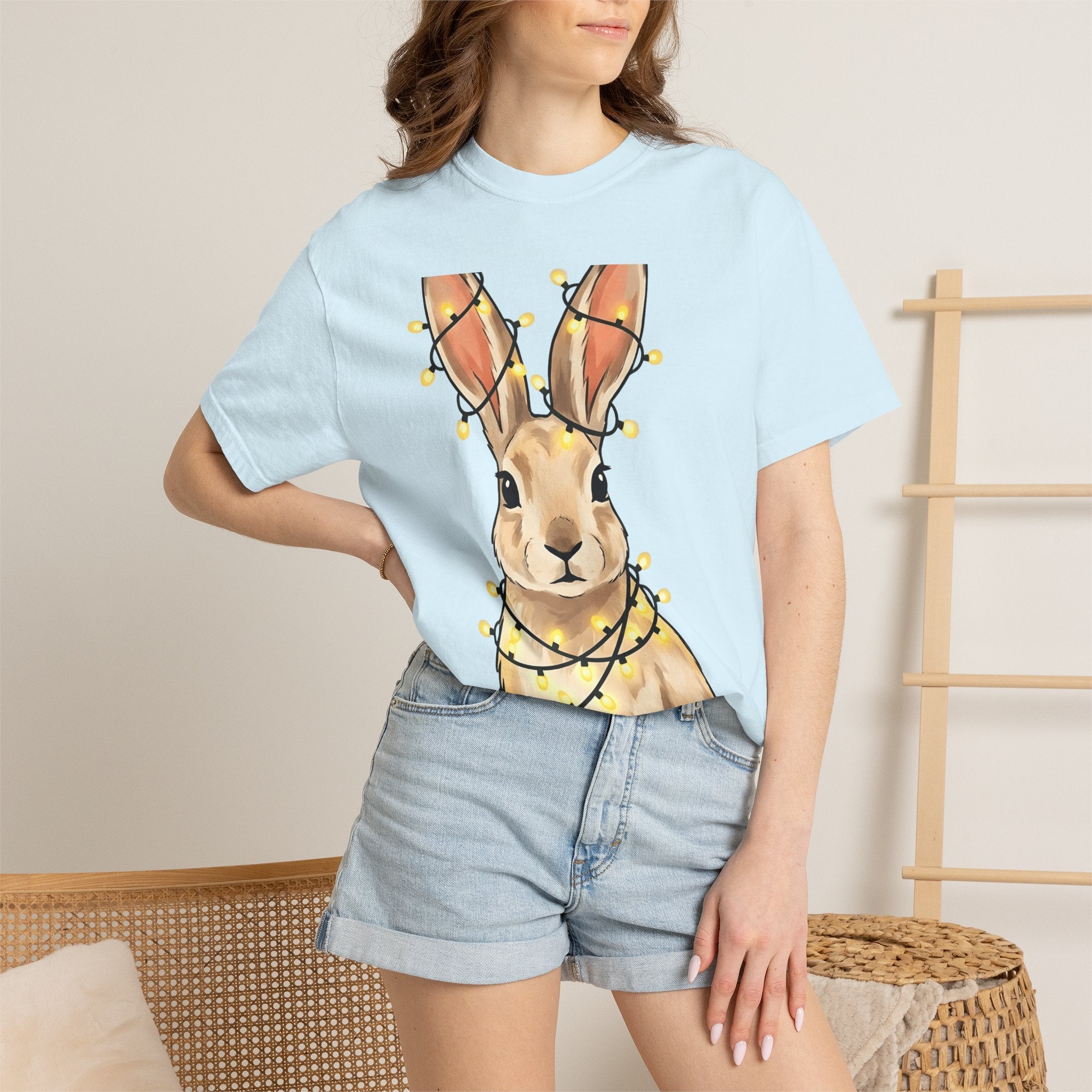 Rabbit Shirt Animals Christmas Gift Women Adorable Tee Bunny T-Shirt Pet Fan Cute Tshirt Winter Graphic Sketch Fairy Lights Tshirt