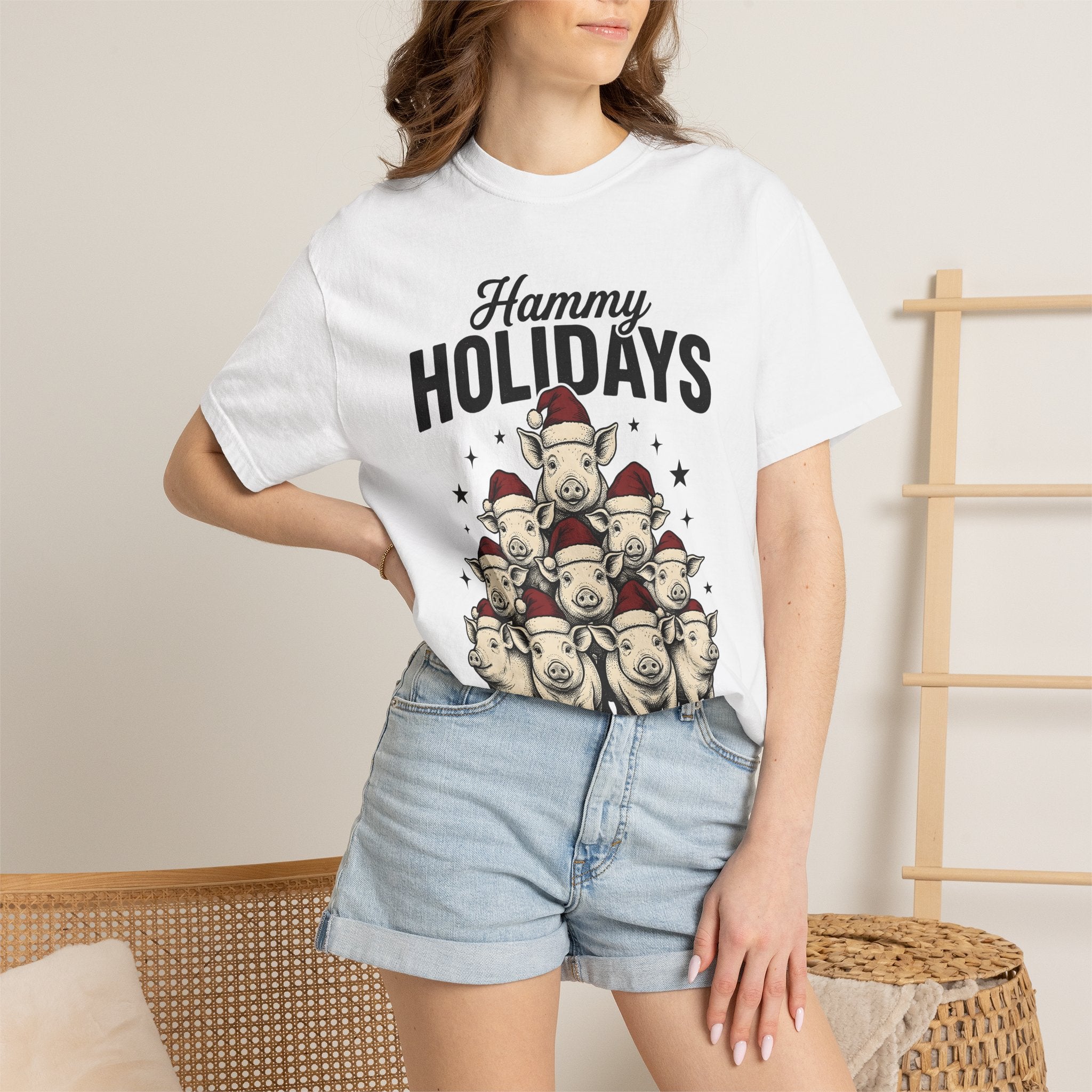 Pig Xmas Hats Shirt Christmas Farm Gift Women Classic Tee Swine T-Shirt Xmas Fan Holiday Tshirt Ranch Graphic Cartoon Glitter Tshirt