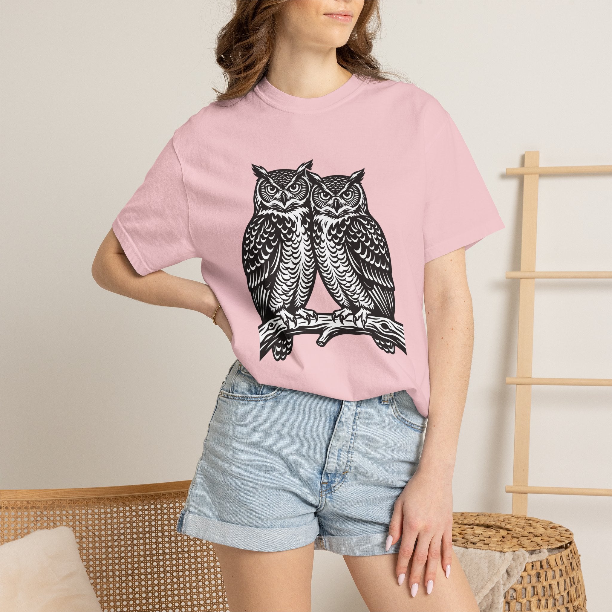Owl Couple Shirt Animals Forest Gift Women Linocut Tee Owls T-Shirt Wildlife Fan Owl Art Tshirt Woodland Graphic Retro Limb Tshirt