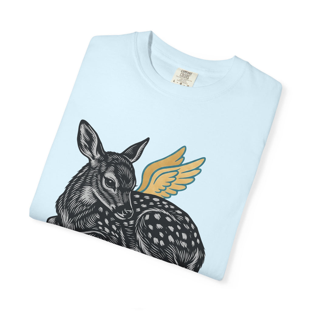 Fawn Shirt Animal Mythical Gift Women Linocut Tee Deer T-Shirt Wildlife Fan Print Illustration Retro Feathers Tshirt