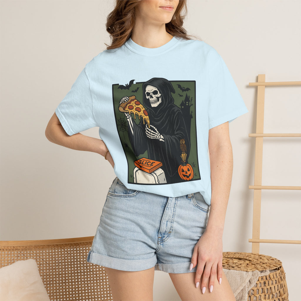 Death Skeleton Pizza Shirt Halloween Macabre Gift Women Classic Tee Skeleton Pizza T-Shirt Horror Fan Spooky Tshirt Dark Graphic Old School