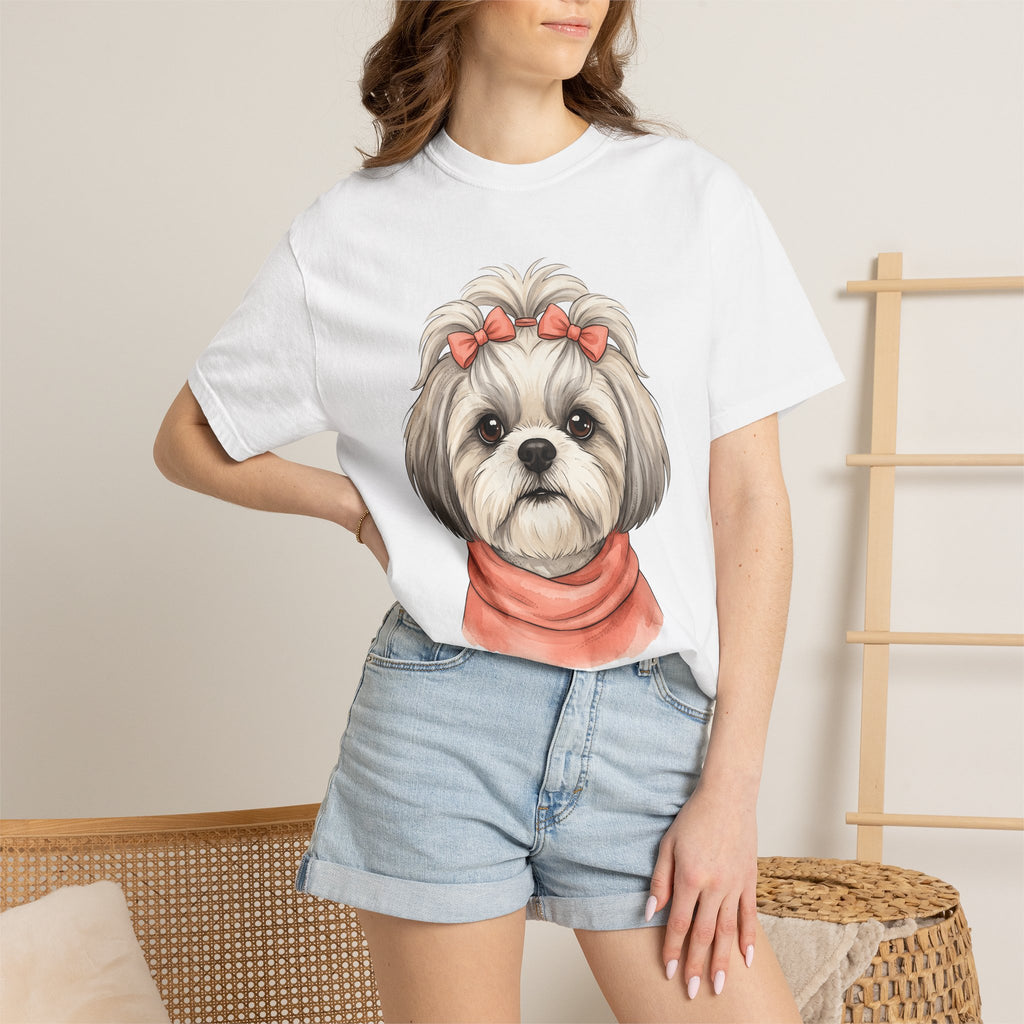 Shih Tzu Dog Shirt Dog Pet Gift Women Cute Tee Dog T-Shirt Dog Fan Puppy Tshirt Pet Graphic Hand Drawn Bow Tshirt