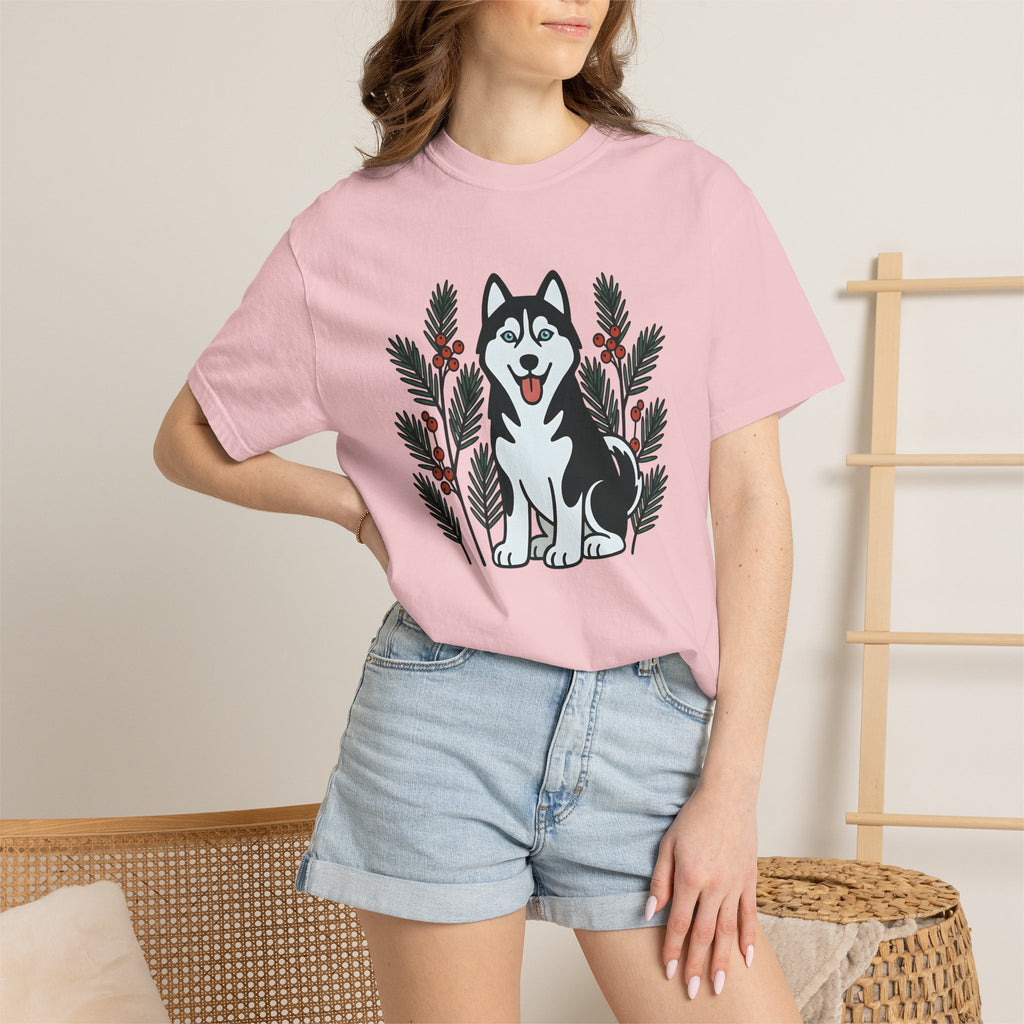 Husky Pet Shirt Dog Holidays Gift Women Sketch Tee Siberian Husky T-Shirt Dog Owner Fan Husky Drawing Christmas Graphic Line Art Pine