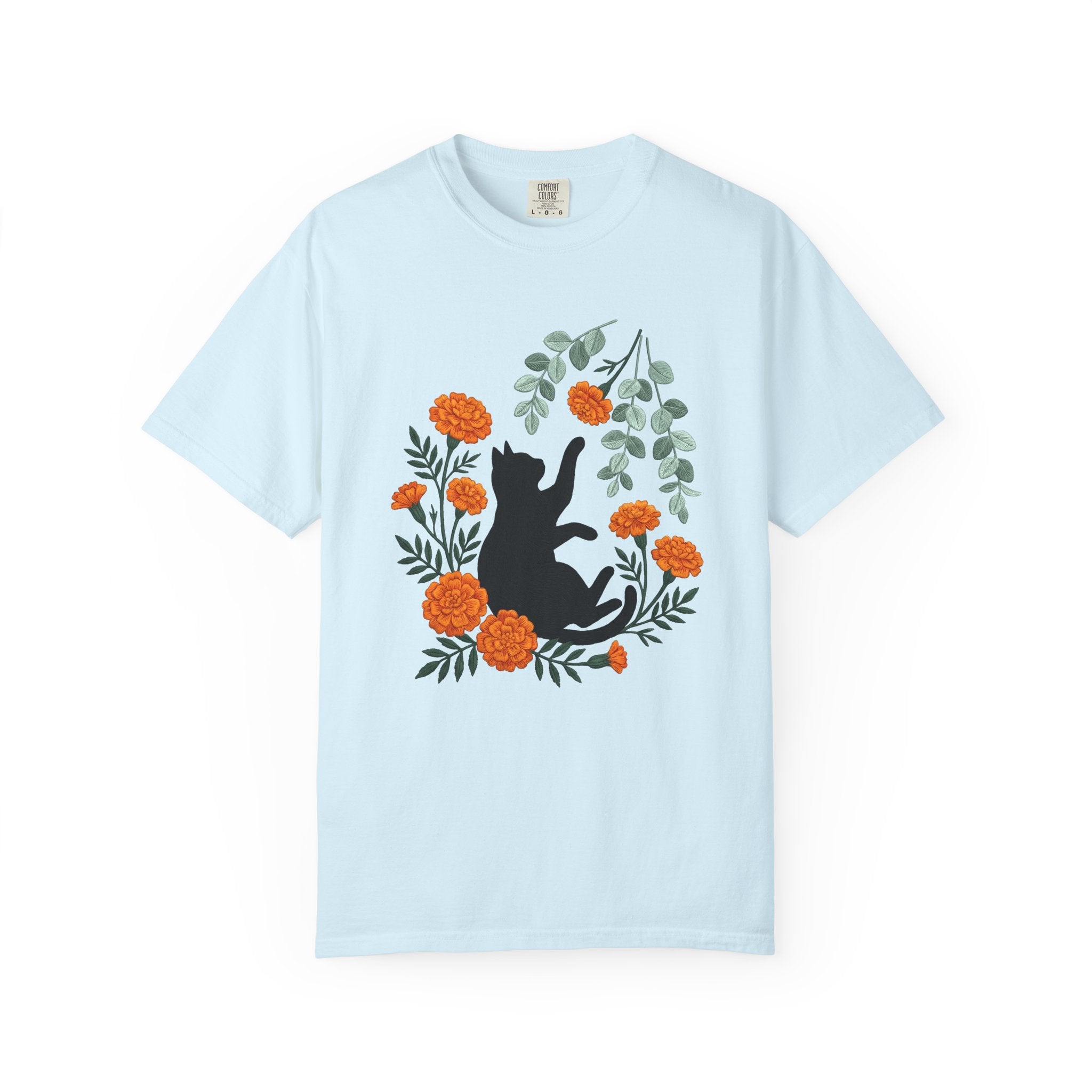 Black Puss Shirt Cat Greenery Gift Women Needlework Tee Cat T-Shirt Cat Fan Embroidery Tshirt Foliage Graphic Plant Orange Petals Tshirt
