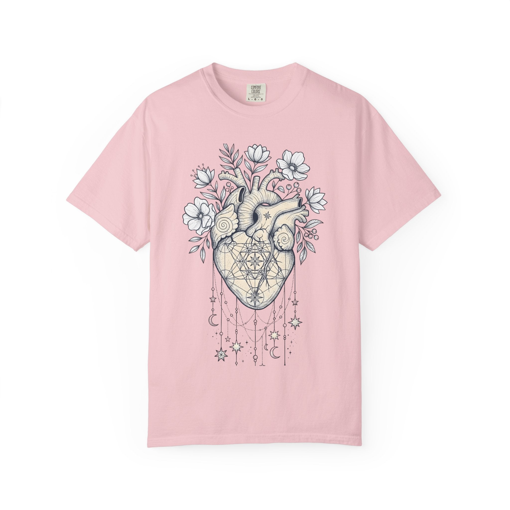 Anatomical Heart Floral Shirt Boho Chic Spiritual Gift Women Line Art Tee Heart T-Shirt Bohemian Enthusiast Illustrative Tshirt Mystical