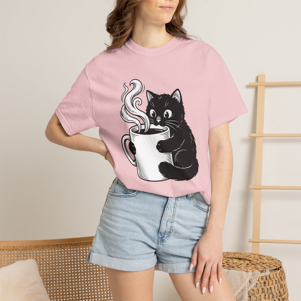 Black Feline Mug Shirt Cat Cappuccino Gift Women Cartoon Tee Cat T-Shirt Cat Fan Kitten Tshirt Coffee Graphic Hand Drawn Hot Steam Tshirt