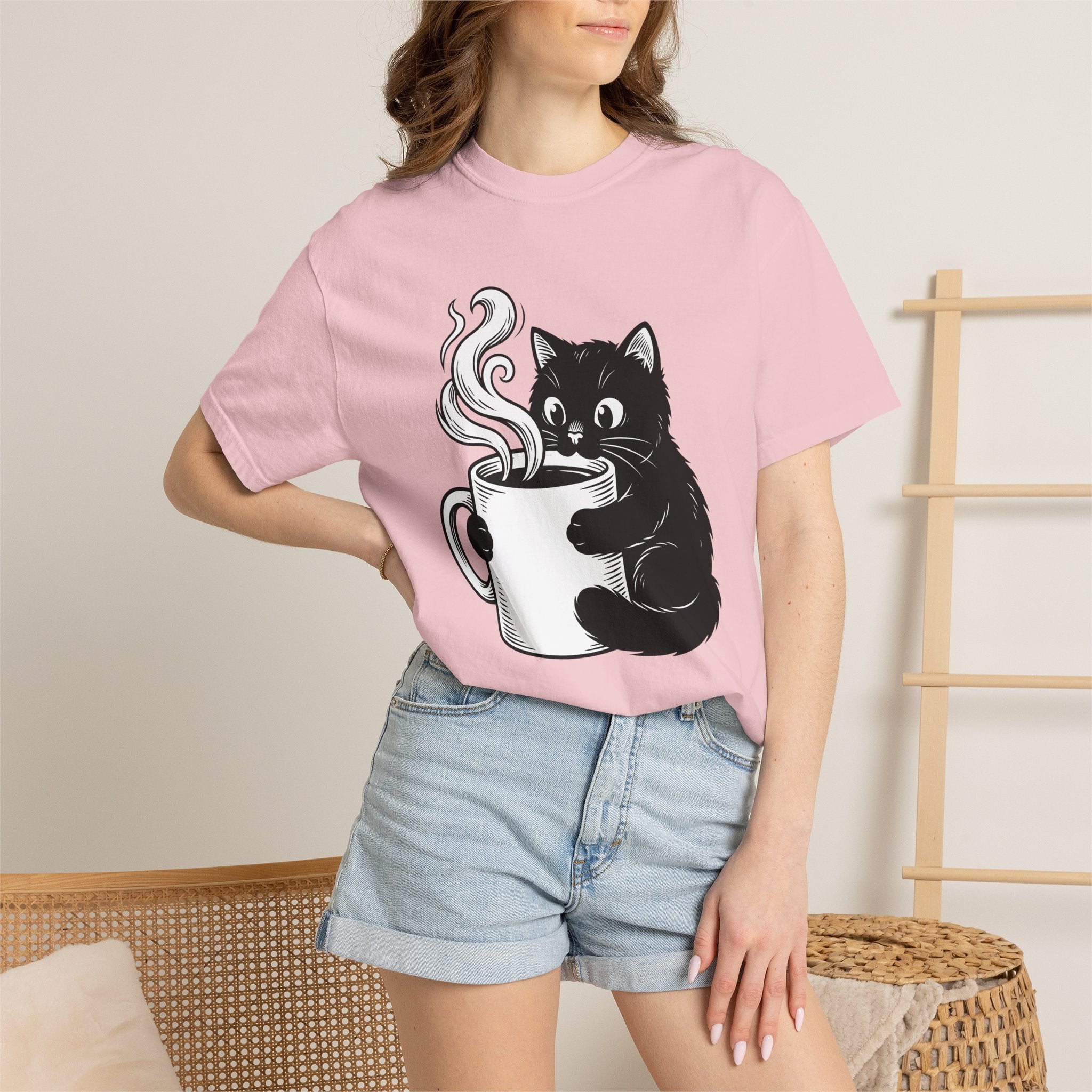 Black Feline Mug Shirt Cat Cappuccino Gift Women Cartoon Tee Cat T-Shirt Cat Fan Kitten Tshirt Coffee Graphic Hand Drawn Hot Steam Tshirt