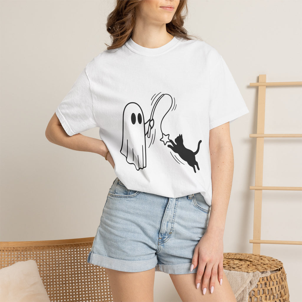 Spooky Cat Shirt Cat Holiday Gift Women Simple Tee Halloween Cat T-Shirt Cat Fan Black Cat Tshirt Holiday Graphic Comic Magic Stick Tshirt
