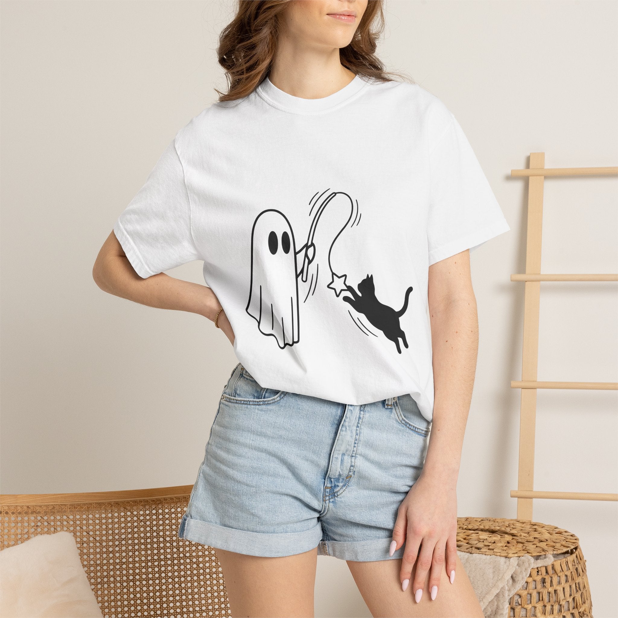 Spooky Cat Shirt Cat Holiday Gift Women Simple Tee Halloween Cat T-Shirt Cat Fan Black Cat Tshirt Holiday Graphic Comic Magic Stick Tshirt