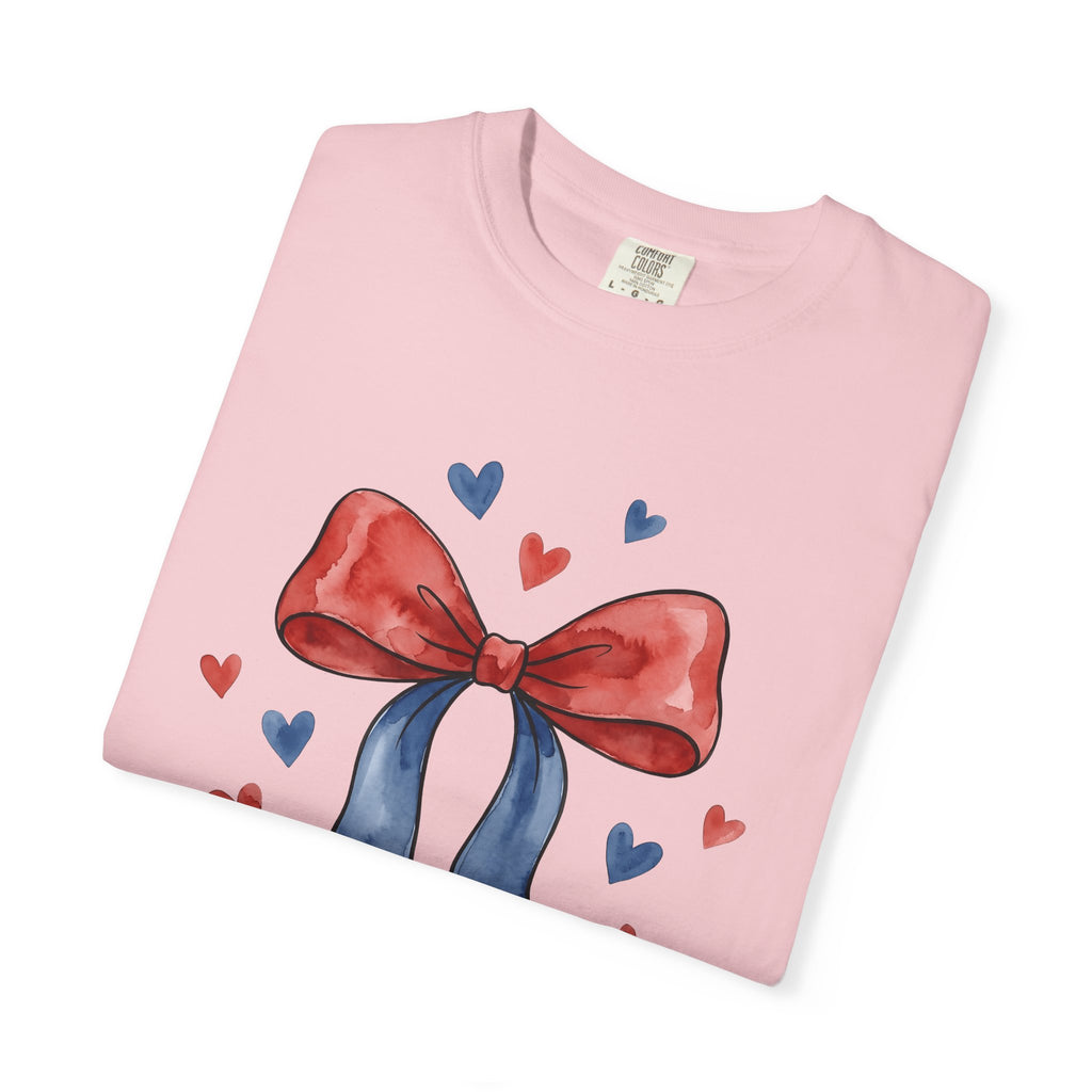 Usa Bow Shirt 4th Of July Event Gift Women Ink Tee Ribbon T-Shirt Patriotic Fan Tattoo Tshirt Party Graphic Outline Hearts Tshirt