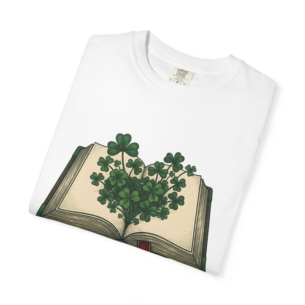 Lucky Leaf Book Shirt St Patrick's Day Amulet Gift Women Hand Drawn Tee Book T-Shirt Patrick's Day Enthusiast Illustrated Graphic Tshirt