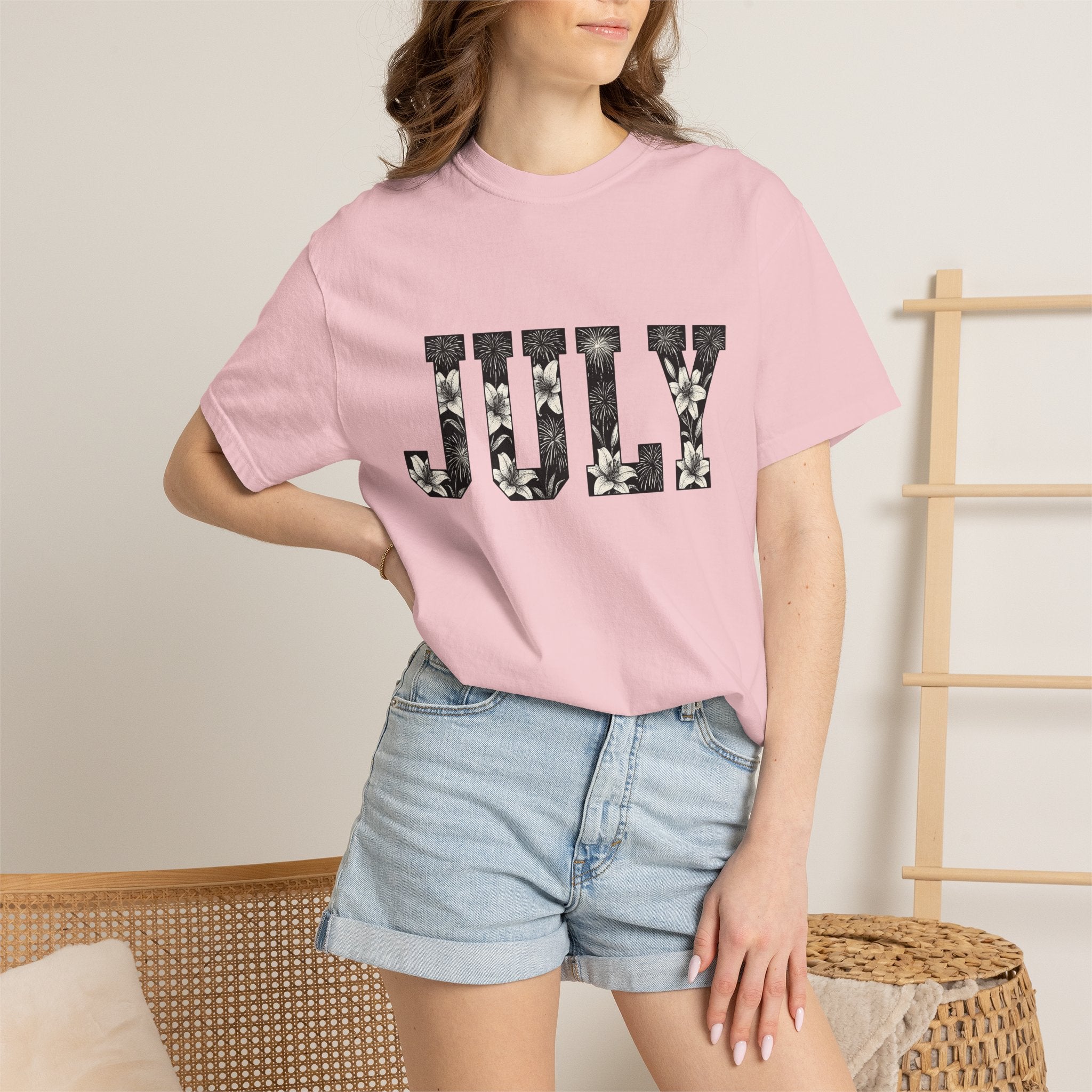 Bloom Fireworks Typography Shirt 4th Of July Garden Gift Women Clean Graphic Tee Fireworks Typography T-Shirt Independence Day Fan Graphic