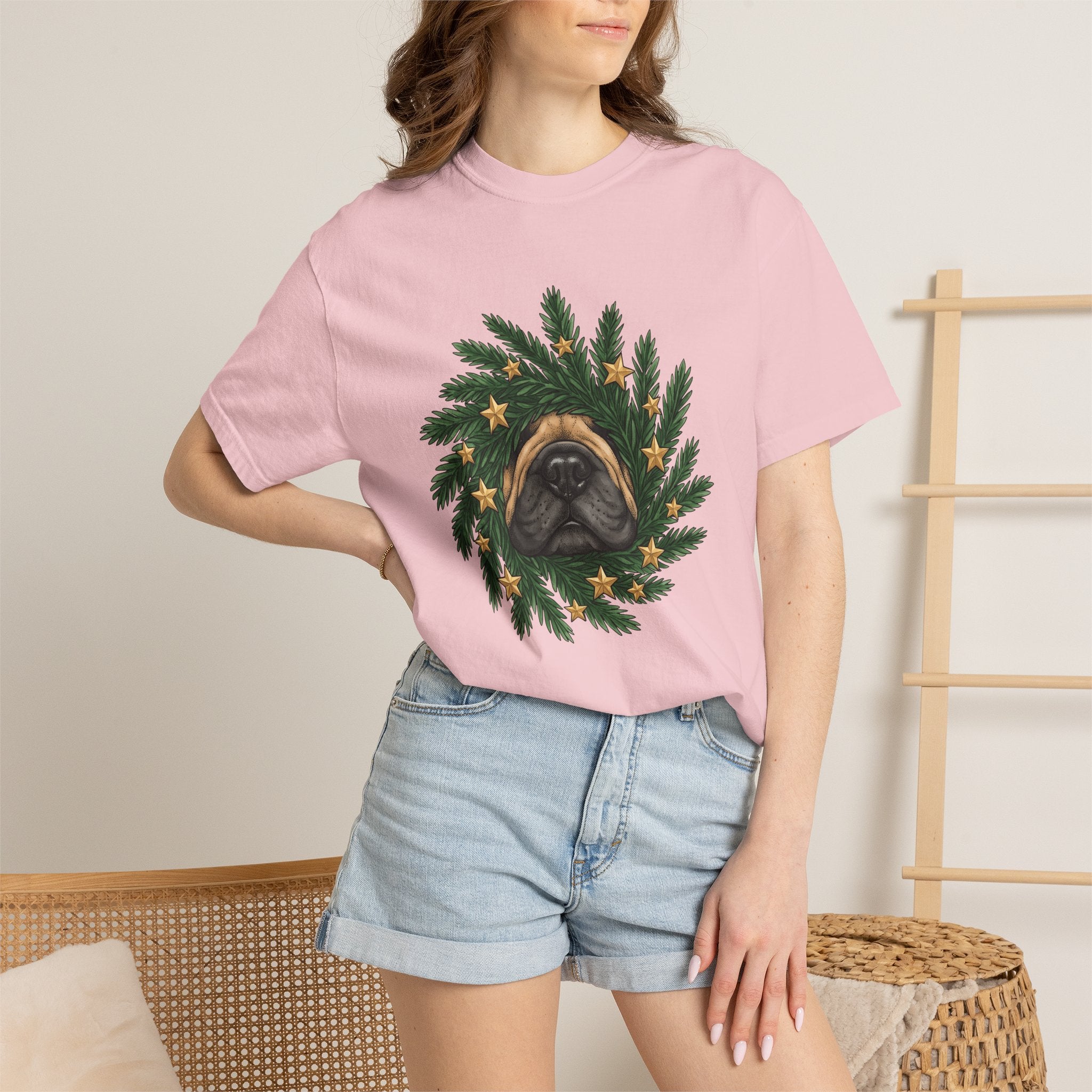 Canine Wreath Shirt Christmas Pets Gift Women Cartoon Tee Dog Wreath T-Shirt Xmas Fan Christmas Tshirt Animal Graphic Classic Shining Stars