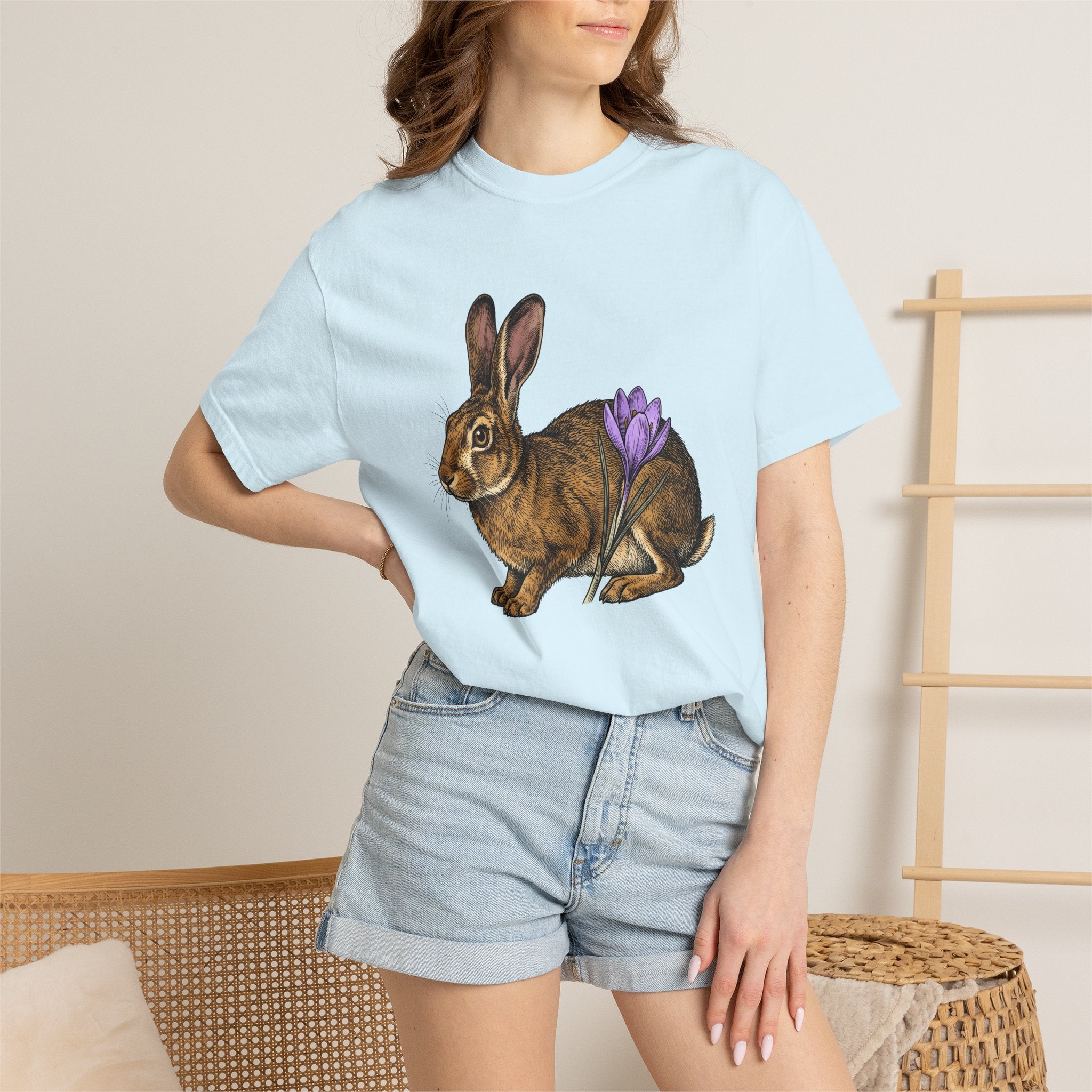 Bunny Rabbit Shirt Spring Celebration Gift Women Shabby Chic Tee Rabbit T-Shirt Springtime Fan Distressed Tshirt Party Graphic Doodle Flower