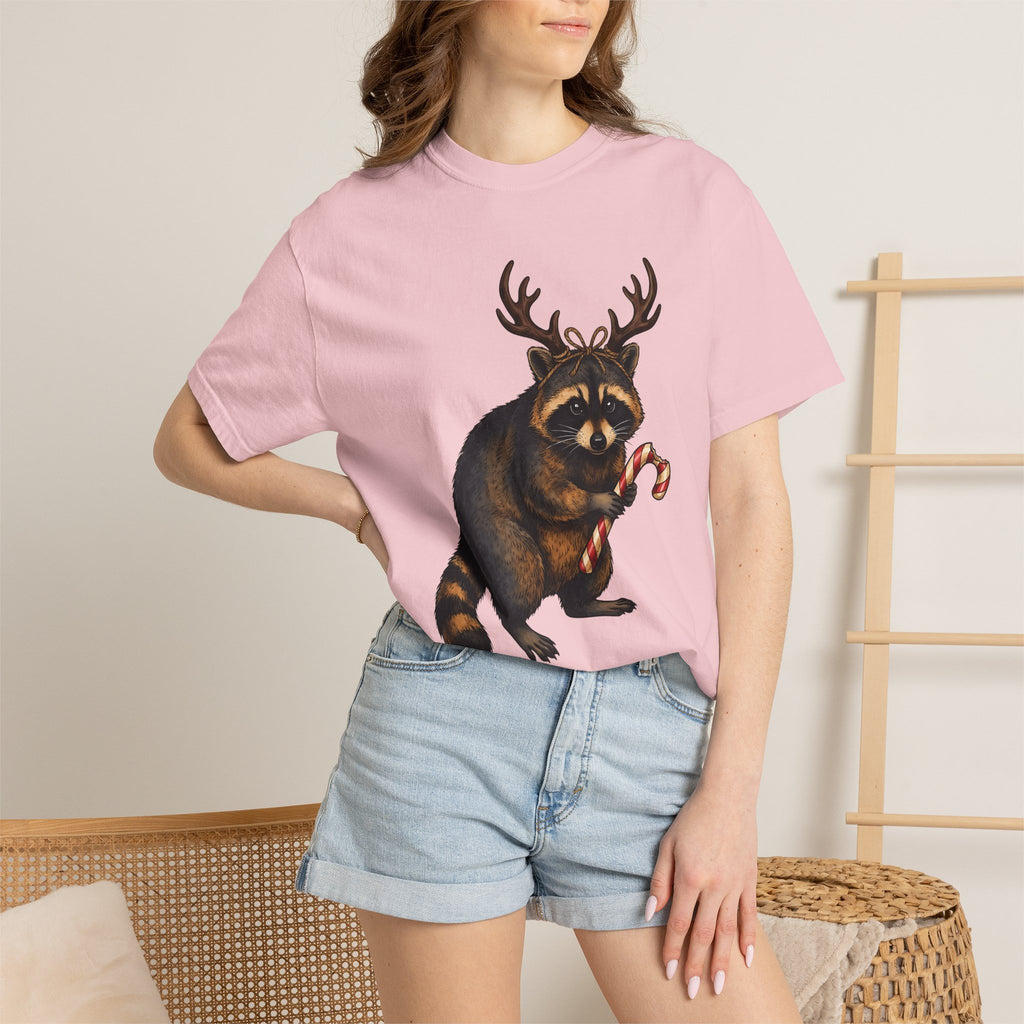 Raccoon Antlers Shirt Christmas Critter Gift Women Cartoon Tee Masked Bandit T-Shirt Xmas Fan Cartoonish Tshirt Creature Graphic Classic