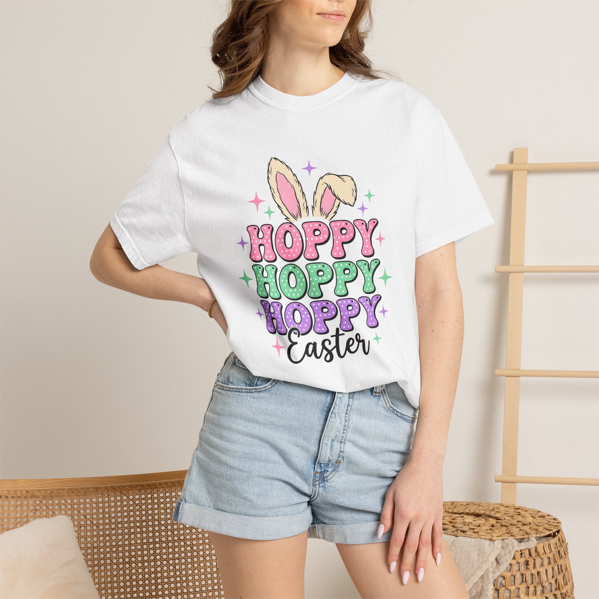 Bunny Ears Shirt Easter Animal Gift Women Pastel Tee Rabbit Ears T-Shirt Easter Fan Soft Tshirt Creature Graphic Playful Stars Tshirt