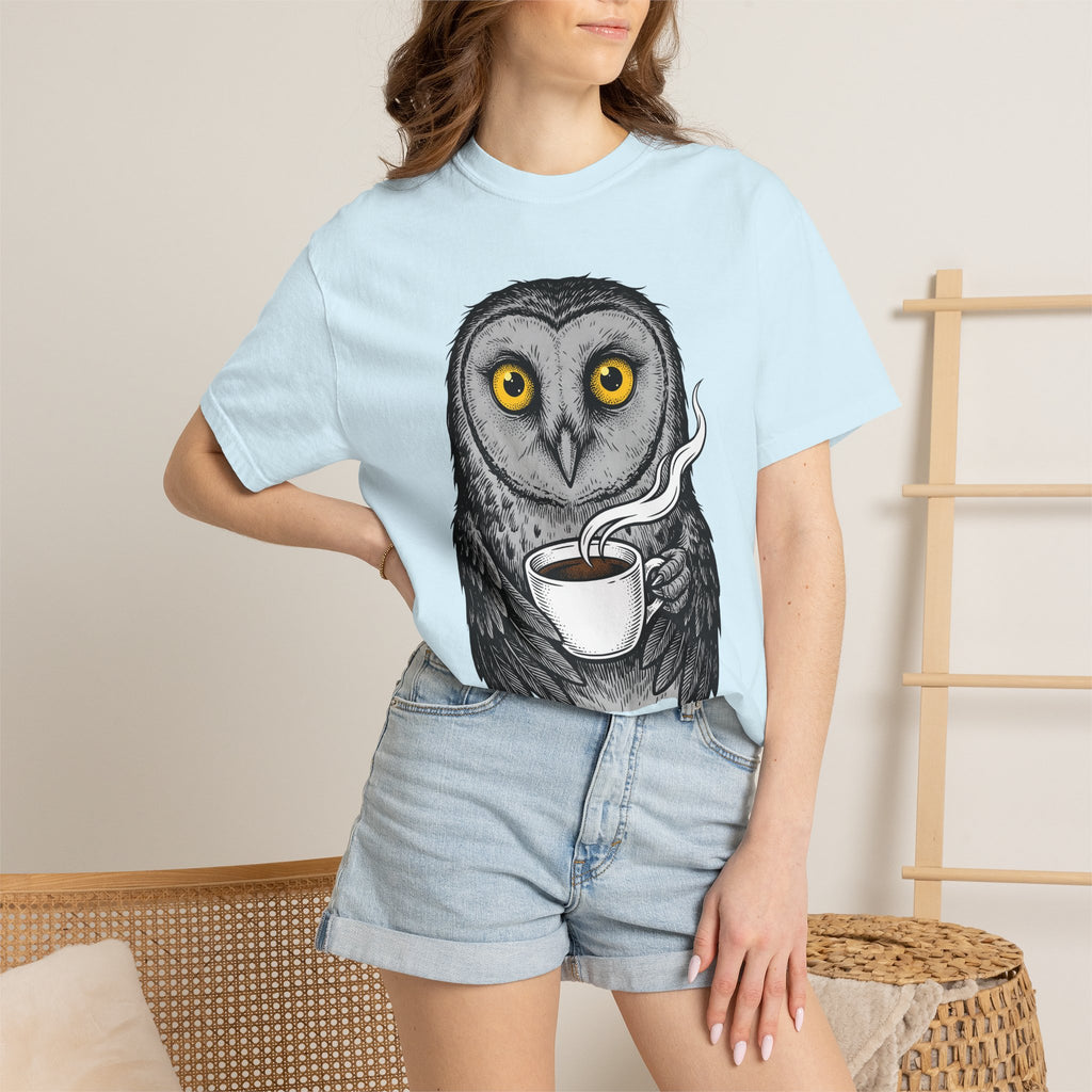 Owl Coffee Mug Shirt Coffee Pets Gift Women Line Art Tee Owl T-Shirt Coffee Fan Hoot Graphic Hand Drawn Steam Wave Tshirt