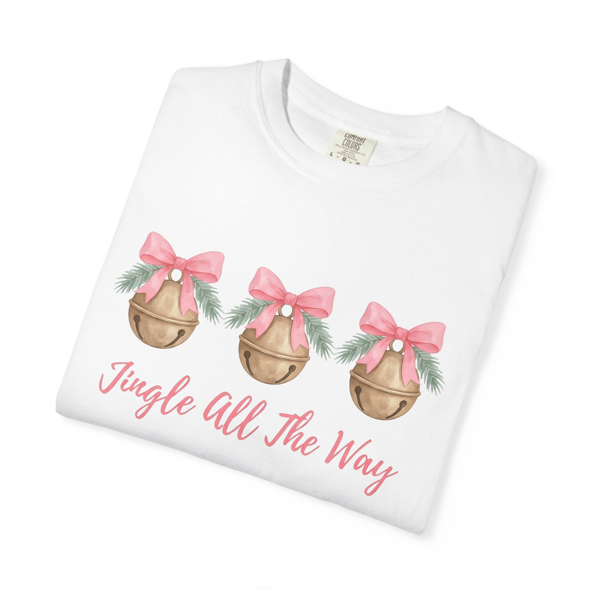 Jingle Bell Shirt Christmas Holiday Gift Women Watercolor Tee Bell T-Shirt Xmas Fan Christmas Tshirt Holiday Graphic Sketch Pink Ribbon