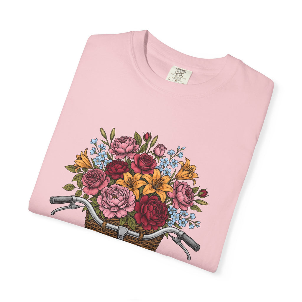 Cycle Basket Flowers Shirt Easter Petals Gift Women Floral Drawing Tee Bicycle Basket T-Shirt Spring Fan Floral Art Tshirt Floral Design