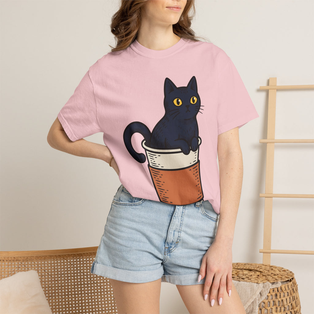 Black Cat Coffee Mug Shirt Halloween Espresso Gift Women Comic Tee Cat Mug T-Shirt Horror Fan Cartoon Tshirt Coffee Illustration Vintage