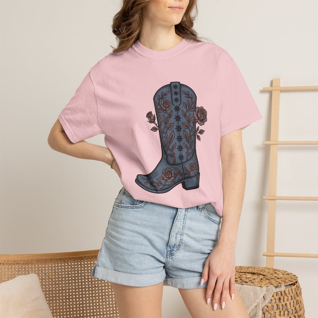 Leather Boot Shirt America Ranch Gift Women Retro Vintage Tee Boot T-Shirt American Enthusiast Cowboy Graphic Tshirt Ink Drawing Floral