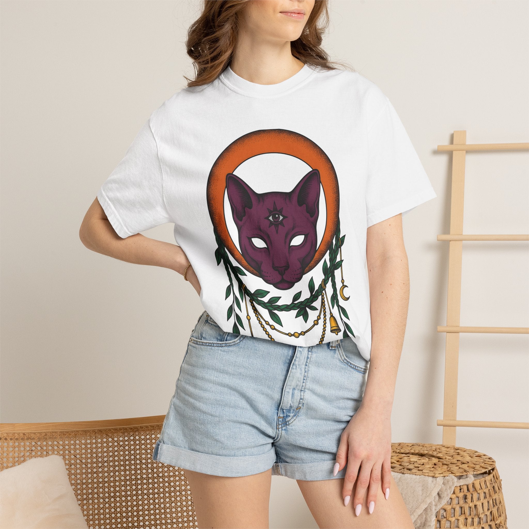 Magical Cat Shirt Boho Chic Metaphysical Gift Women Tribal Tee Kitty T-Shirt Bohemian Fan Ethnic Tshirt Spiritual Graphic Abstract Crescent