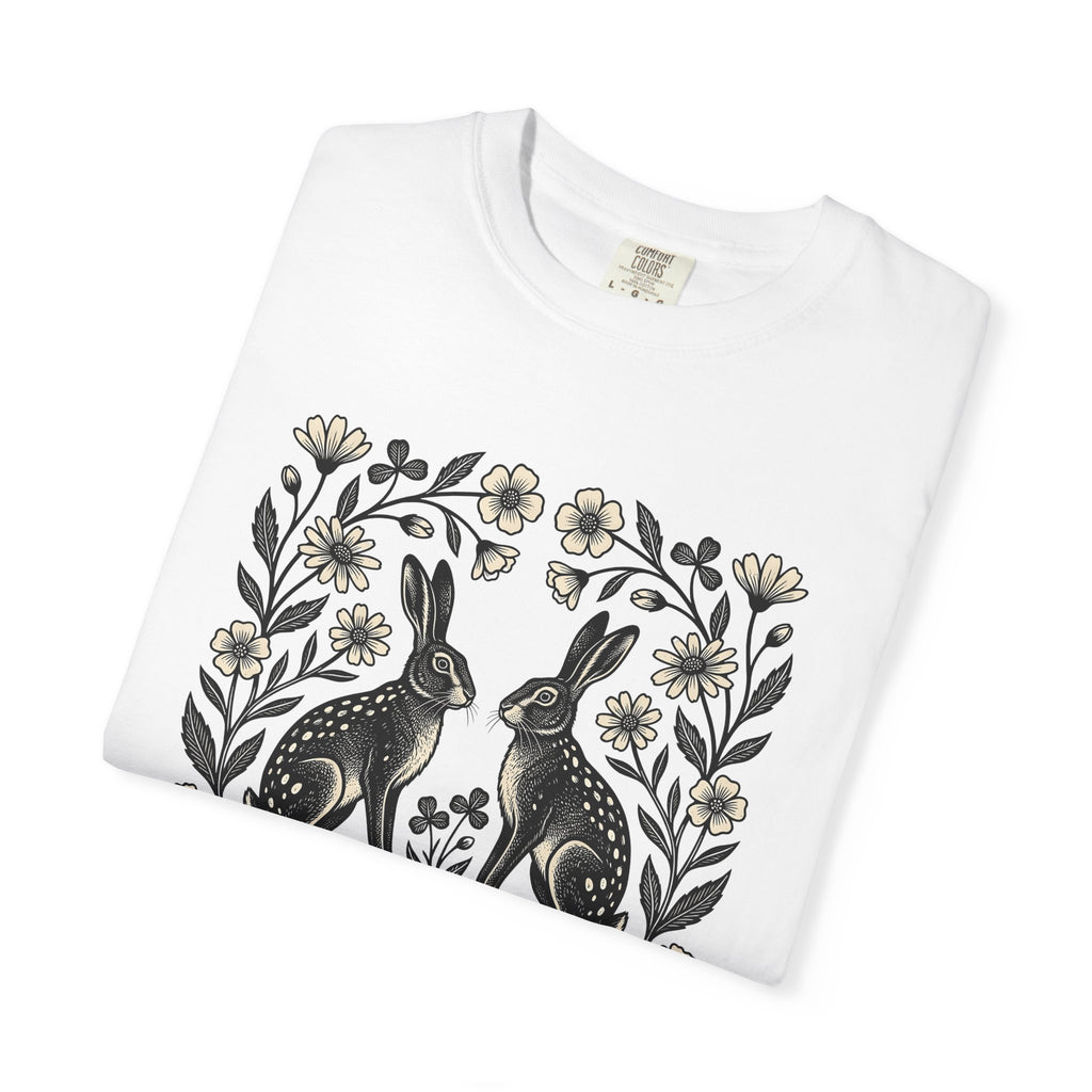 Bunny Bloom Shirt Animals & Flowers Plants Gift Women Sketch Tee Rabbit T-Shirt Floral Fan Drawing Design Primitive Field Flower Tshirt
