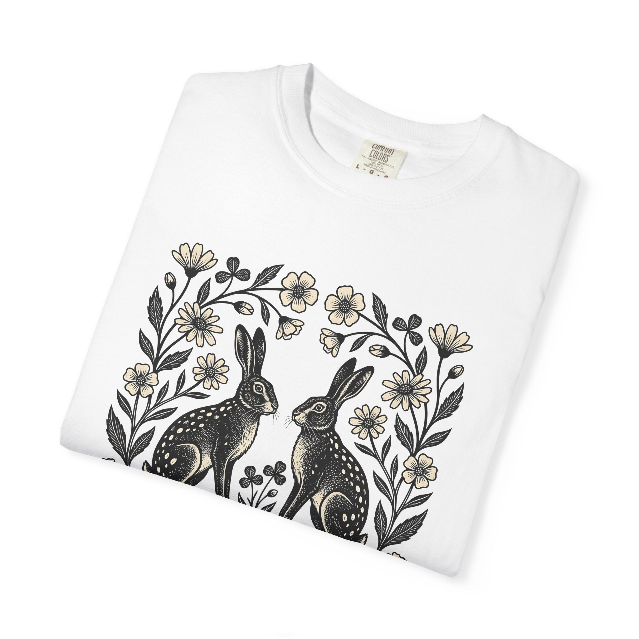 Bunny Bloom Shirt Animals & Flowers Plants Gift Women Sketch Tee Rabbit T-Shirt Floral Fan Drawing Design Primitive Field Flower Tshirt