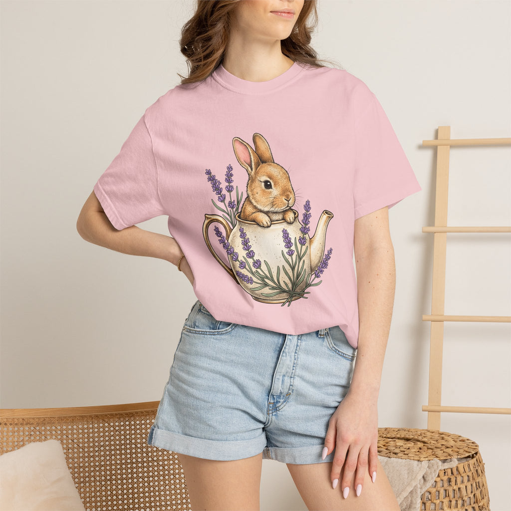Bunny Kettle Shirt Animals & Flowers Rustic Gift Women Flower Tee Tea Kettle T-Shirt Floral Fan Botanical Tshirt Country Graphic Hand Drawn