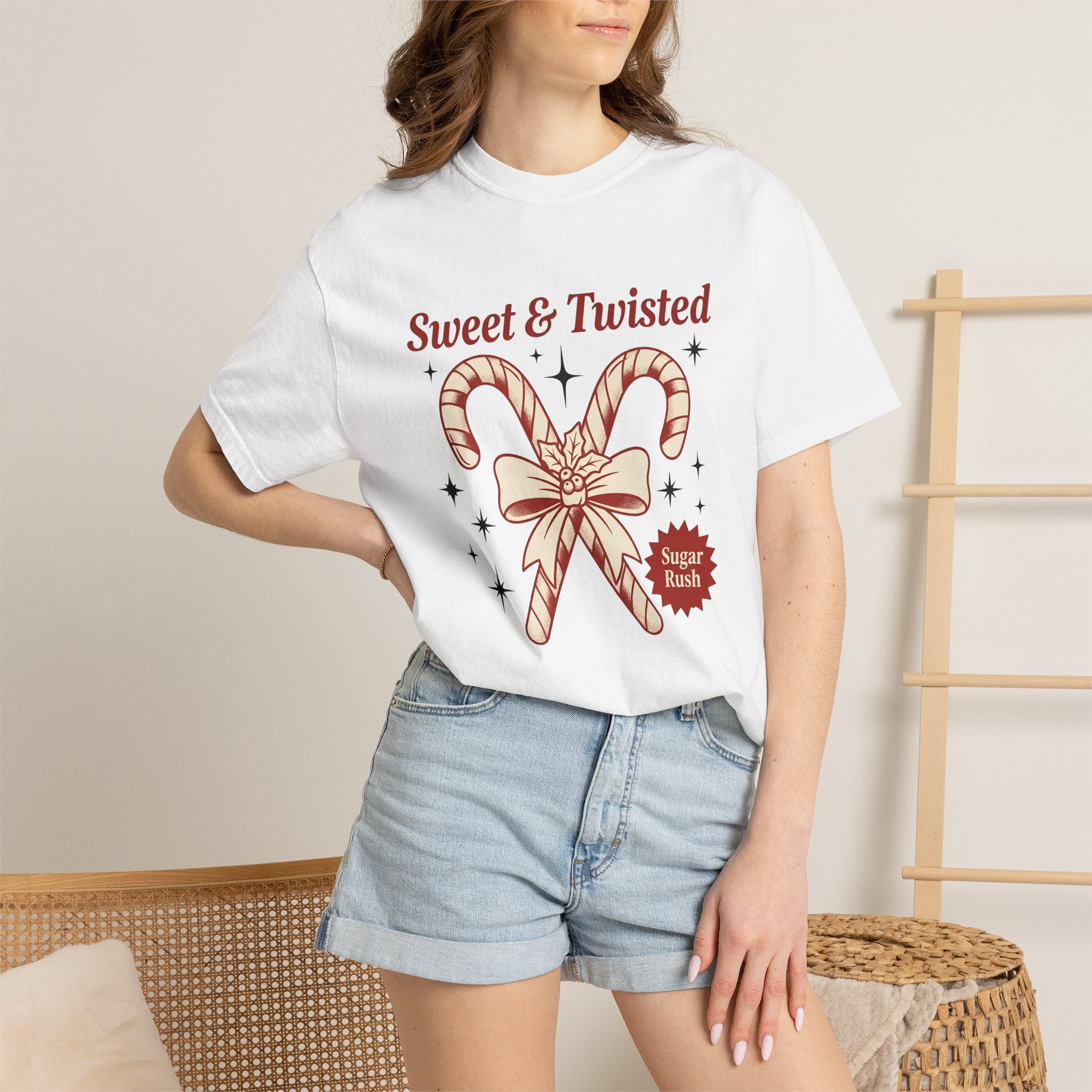 Candy Cane Shirt Christmas Holiday Gift Women Vintage Tee Peppermint T-Shirt Xmas Fan Distressed Tshirt Seasonal Graphic Retro Bow Tshirt