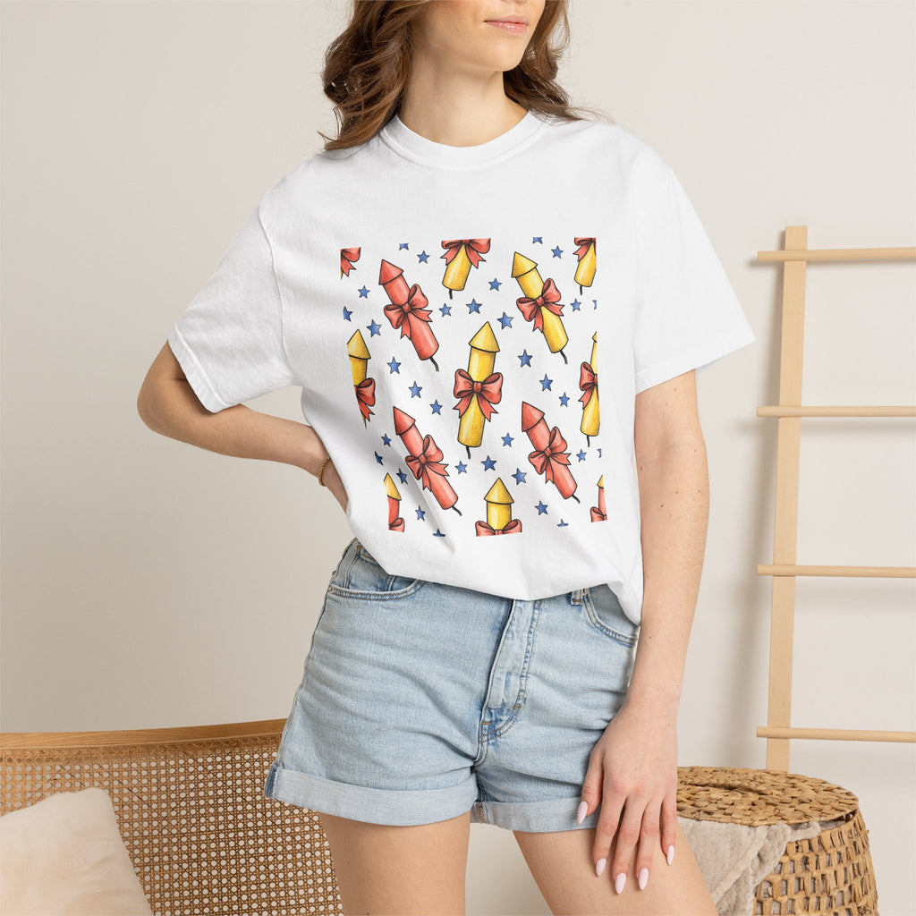 Firework Rockets Shirt 4th Of July Independence Gift Women Cartoon Tee Fireworks T-Shirt Patriot Fan Comic Tshirt Liberty Graphic Line Art