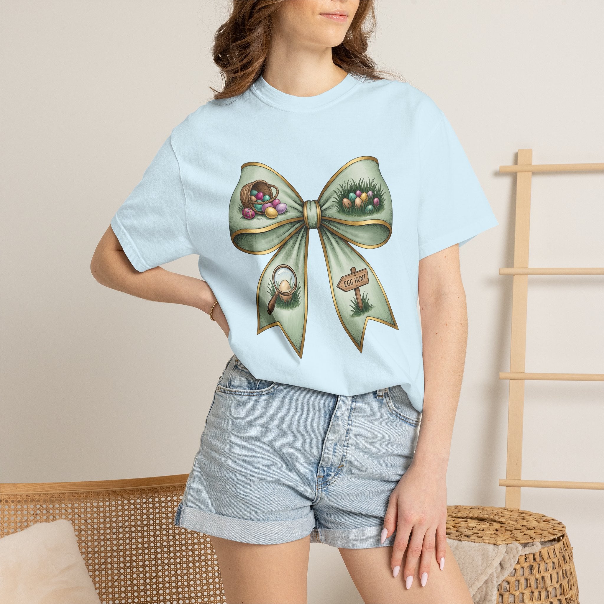 Easter Bow Shirt Easter Spring Gift Women Hand Drawn Tee Easter Bunny T-Shirt Easter Fan Easter Art Tshirt Spring Design Vintage Egg Basket