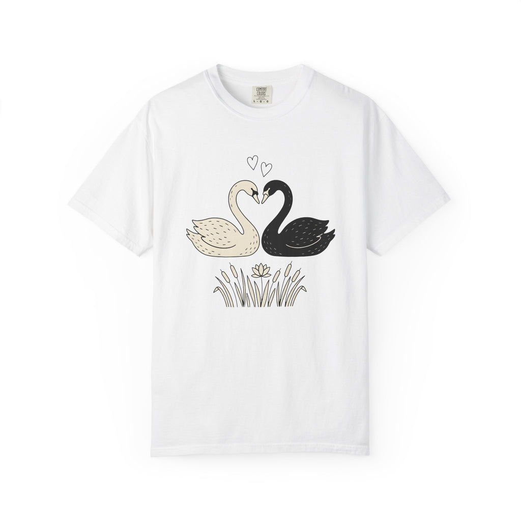 Swan Couple Shirt Animals & Flowers Romance Gift Women Doodle Tee Ducks T-Shirt Wildlife Fan Hand Drawn Tshirt Love Graphic Minimalist Lotus