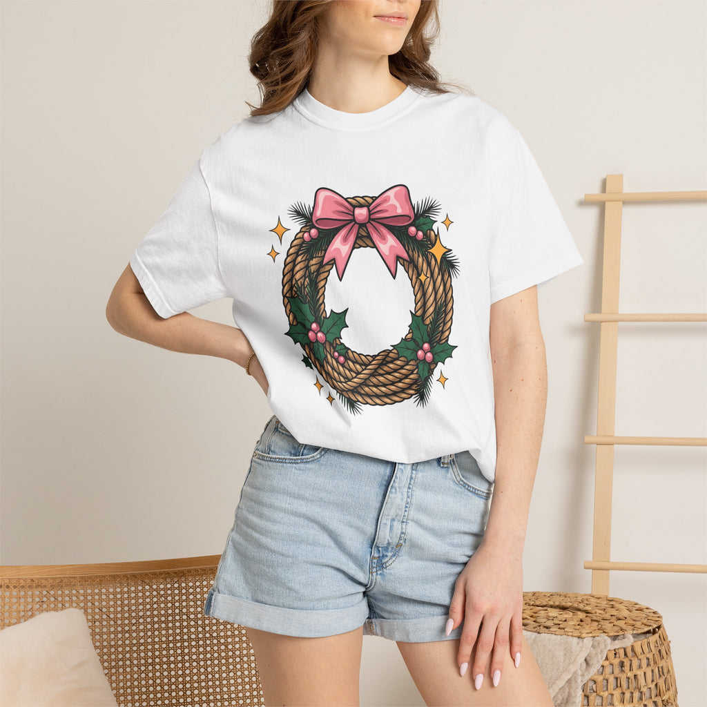 Cord Wreath Shirt Cowgirl Festive Gift Women Hand Drawn Tee Wreath T-Shirt Rodeo Fan Illustrated Graphic Classic Rose Bow Tshirt