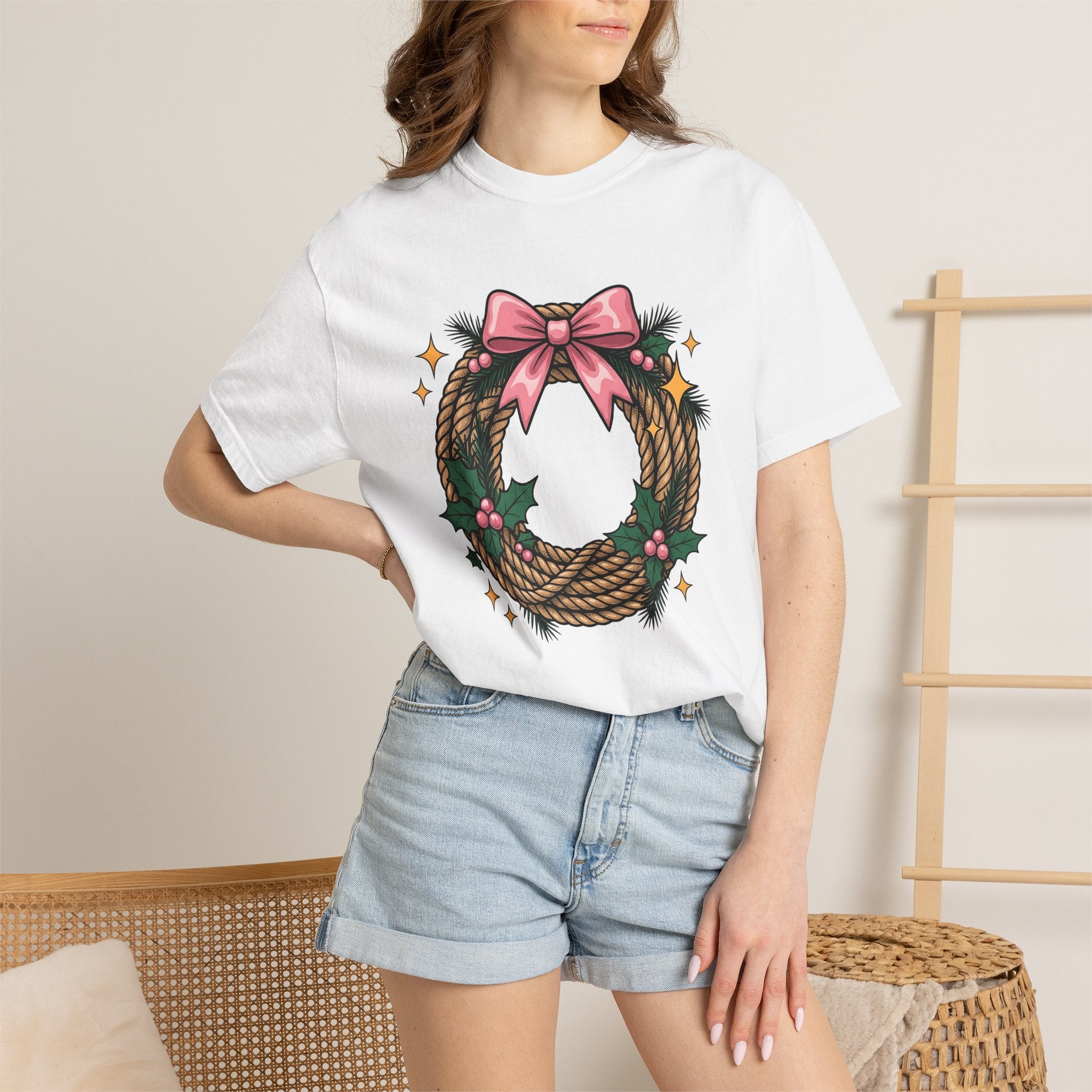 Cord Wreath Shirt Cowgirl Festive Gift Women Hand Drawn Tee Wreath T-Shirt Rodeo Fan Illustrated Graphic Classic Rose Bow Tshirt
