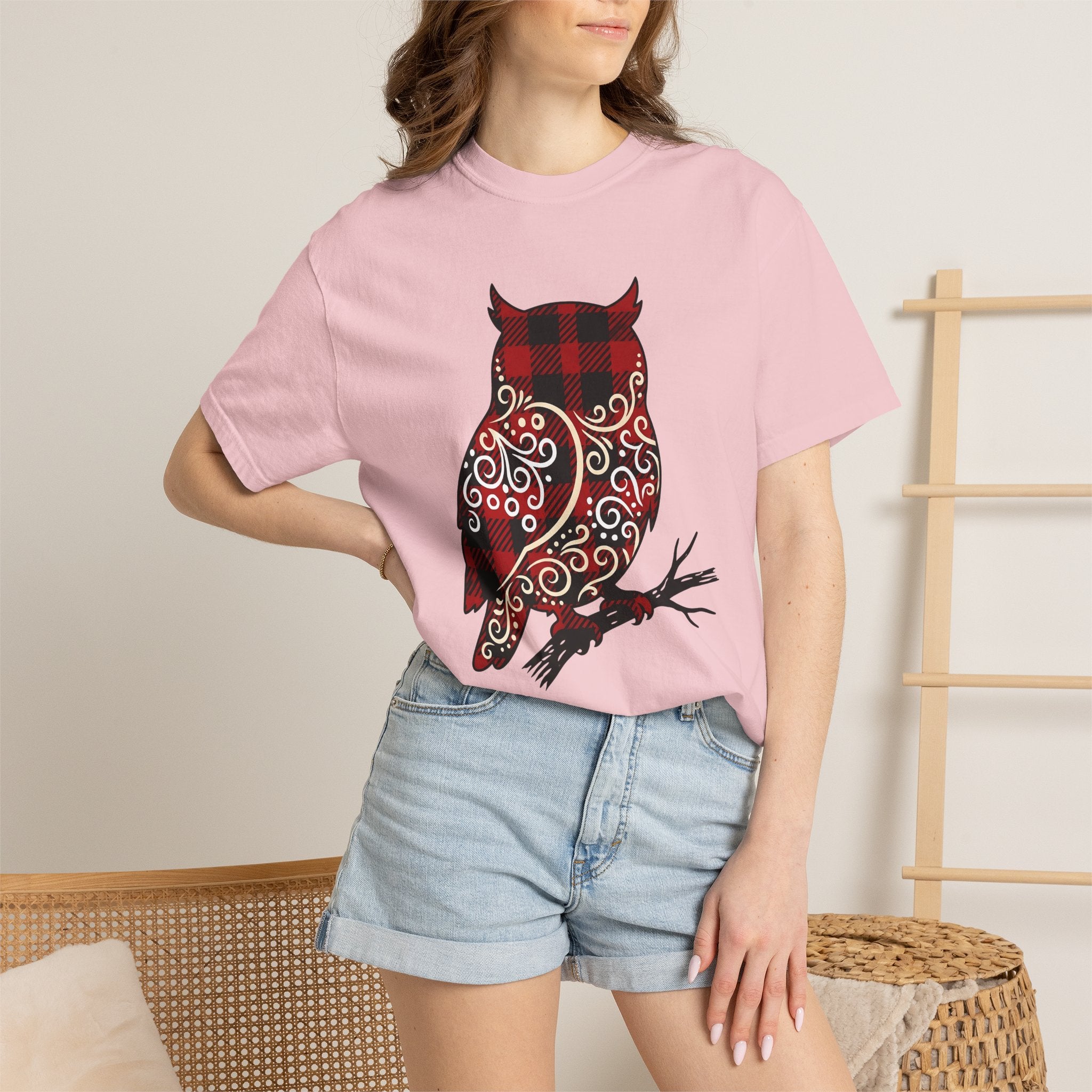 Owl Gingham Shirt Animals Nature Gift Women Primitive Tee Owl T-Shirt Wildlife Fan Hoot Graphic Illustration Sketch Swirl Motif Tshirt