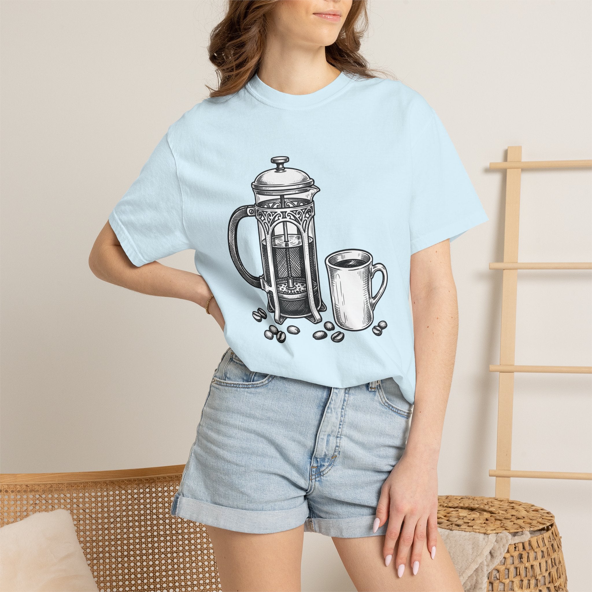 French Press Brew Shirt Coffee Bakeware Gift Women Classic Tee Cafetiere T-Shirt Coffee Fan Vintage Tshirt Baking Graphic Line Art Roasted