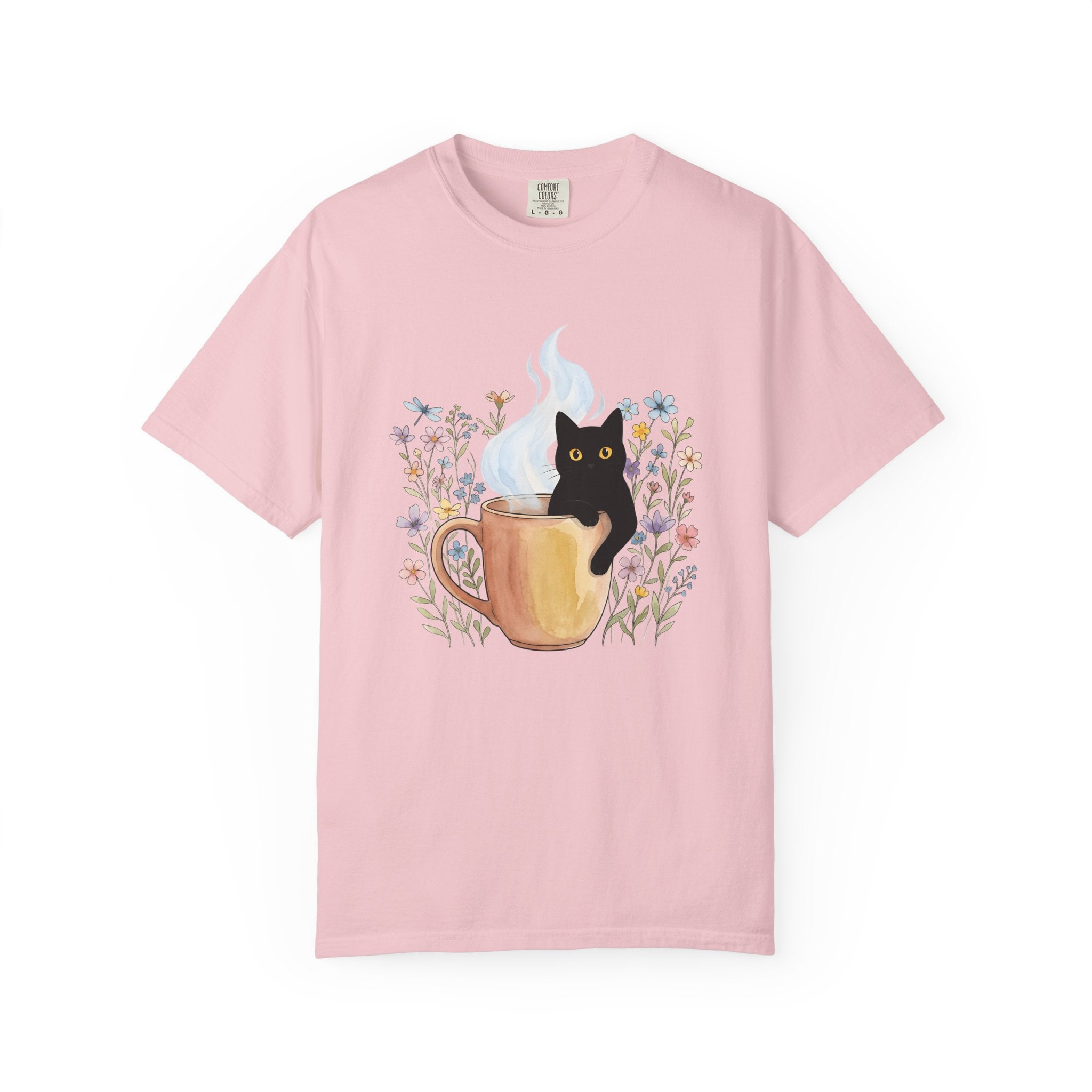 Black Cat Cup Shirt Cat Espresso Gift Women Hand Painted Tee Cat Mug T-Shirt Cat Fan Feline Tshirt Coffee Graphic Playful Garden Flowers