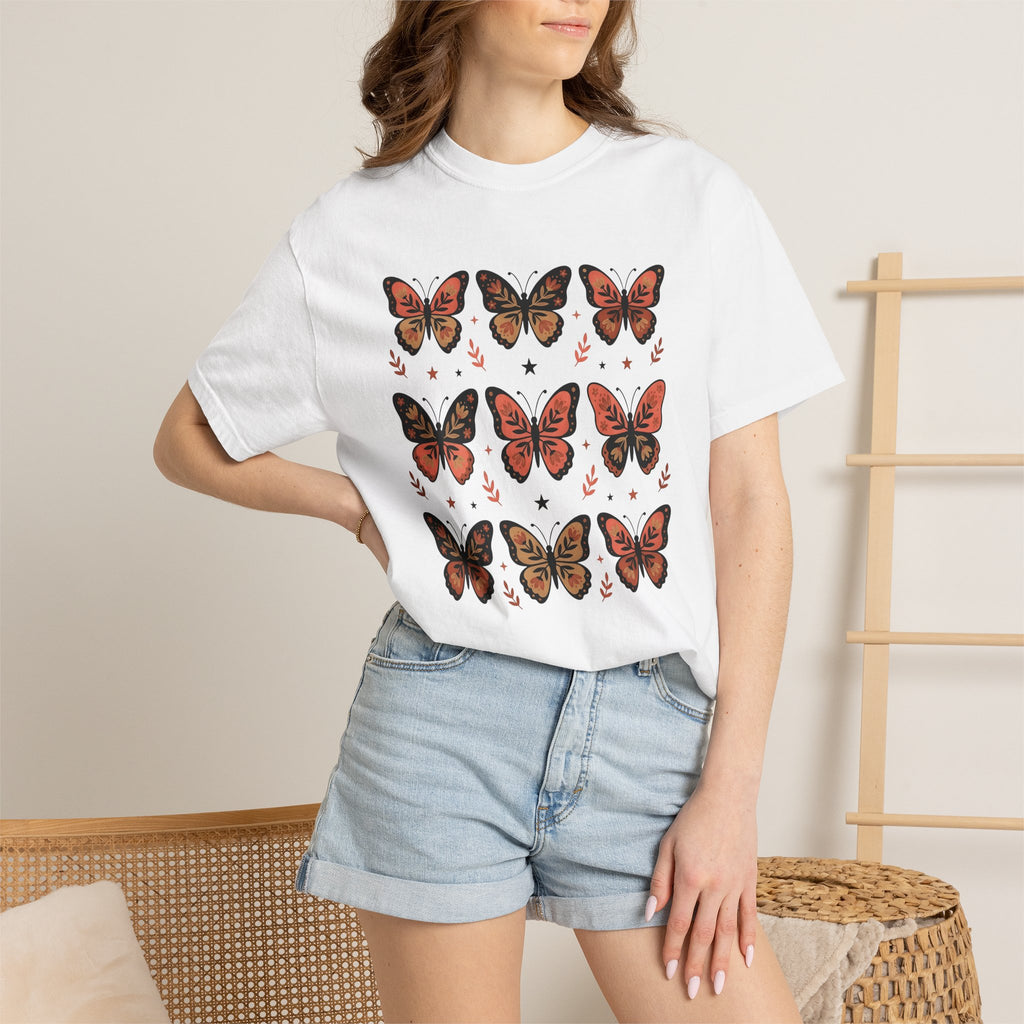 Butterfly Print Shirt Easter Garden Gift Women Folk Tee Butterfly T-Shirt Easter Fan Traditional Tshirt Yard Graphic Heritage Glimmer Tshirt