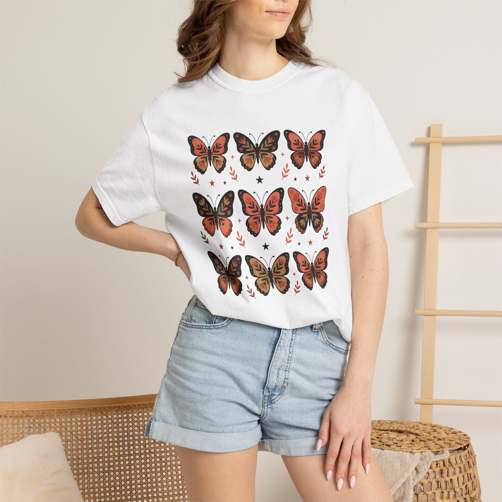 Butterfly Print Shirt Easter Garden Gift Women Folk Tee Butterfly T-Shirt Easter Fan Traditional Tshirt Yard Graphic Heritage Glimmer Tshirt