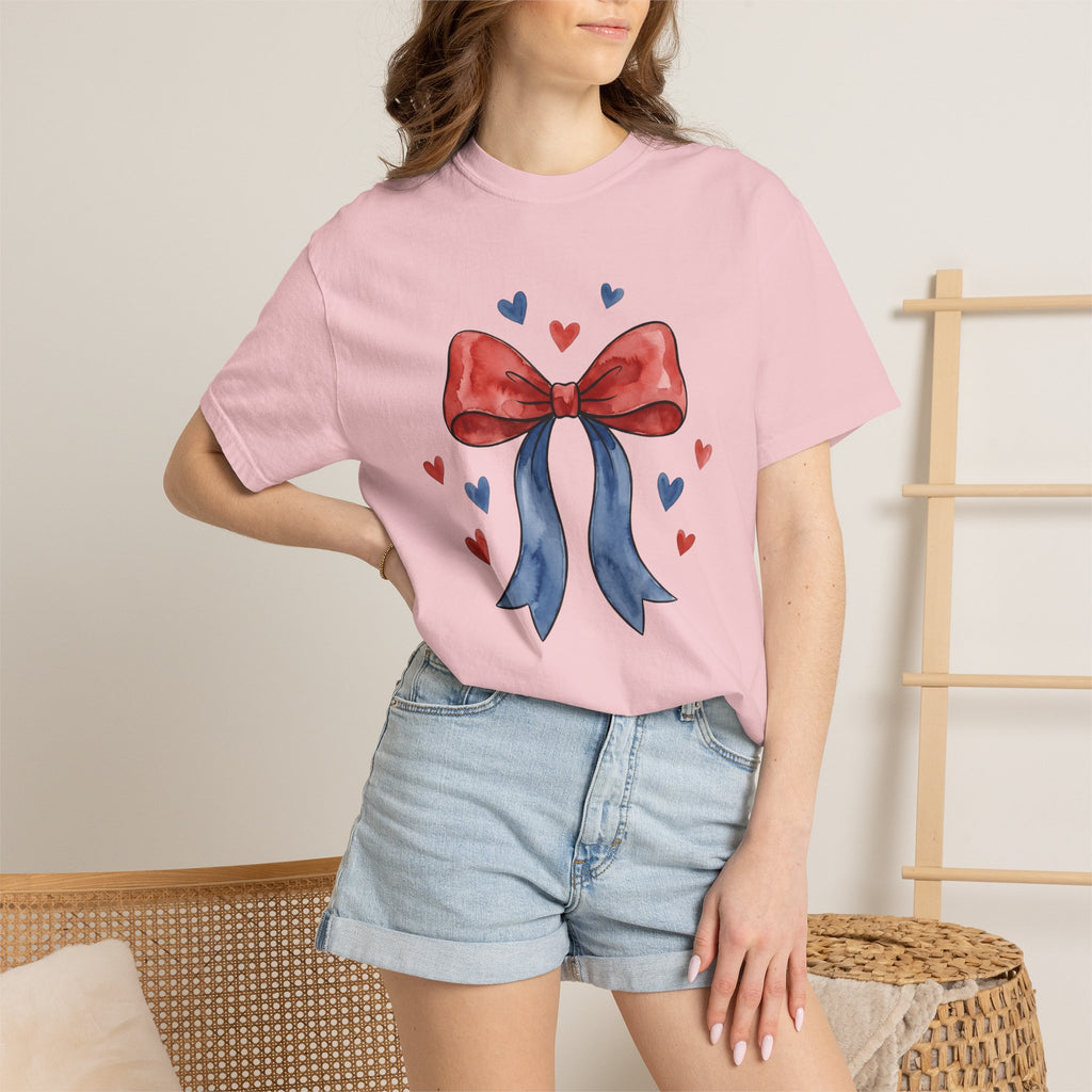 Usa Bow Shirt 4th Of July Event Gift Women Ink Tee Ribbon T-Shirt Patriotic Fan Tattoo Tshirt Party Graphic Outline Hearts Tshirt
