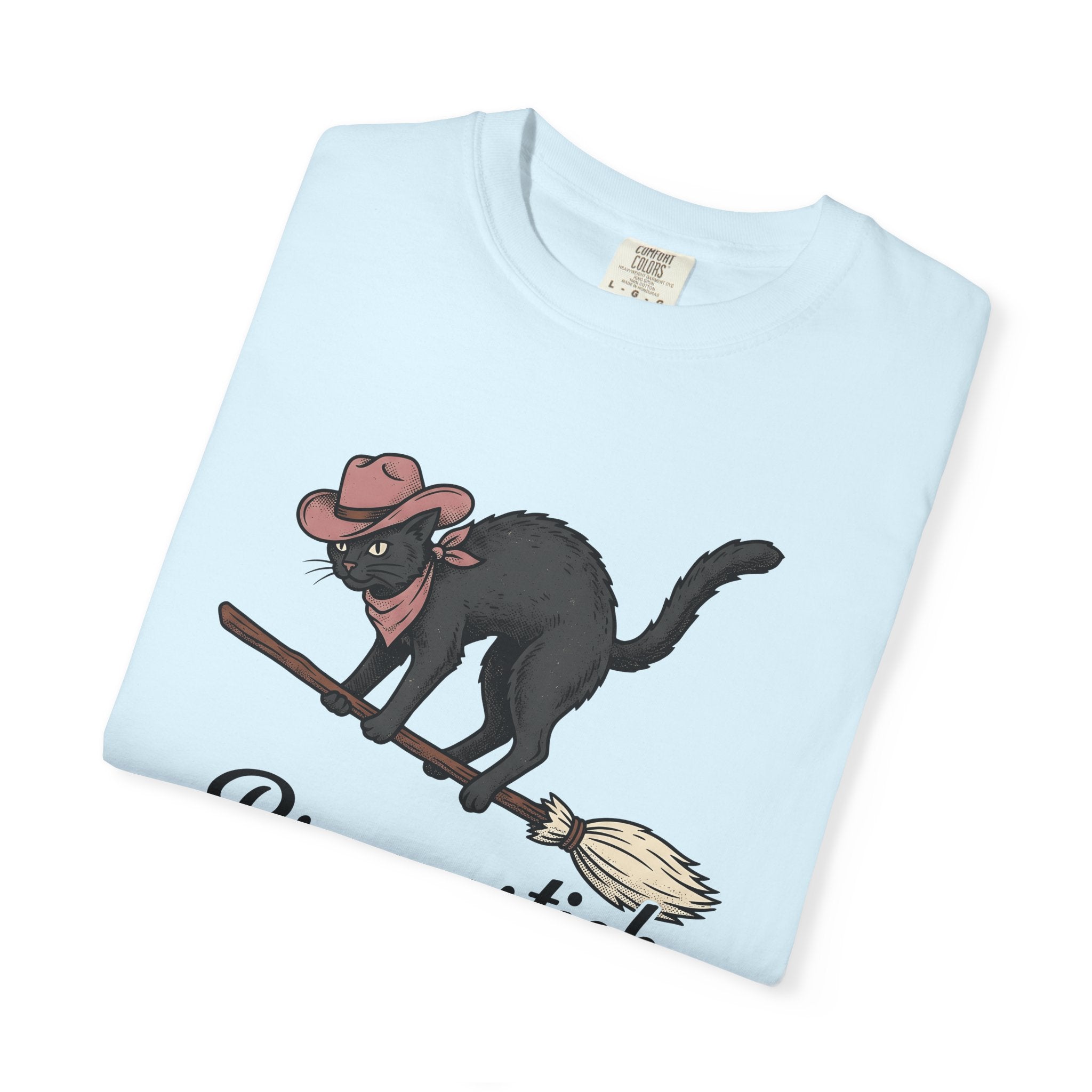 Ranch Cat Broom Shirt Halloween Feline Gift Women Classic Tee Broomstick T-Shirt Horror Fan Retro Tshirt Cat Graphic Outline Fedora Tshirt