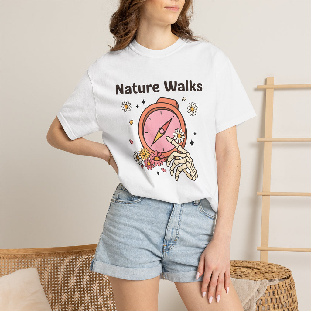 Compass Skeleton Hand Shirt Hiking Floral Gift Women Cartoon Tee Navigation T-Shirt Trekker Enthusiast Illustration Graphic Retro Daisies