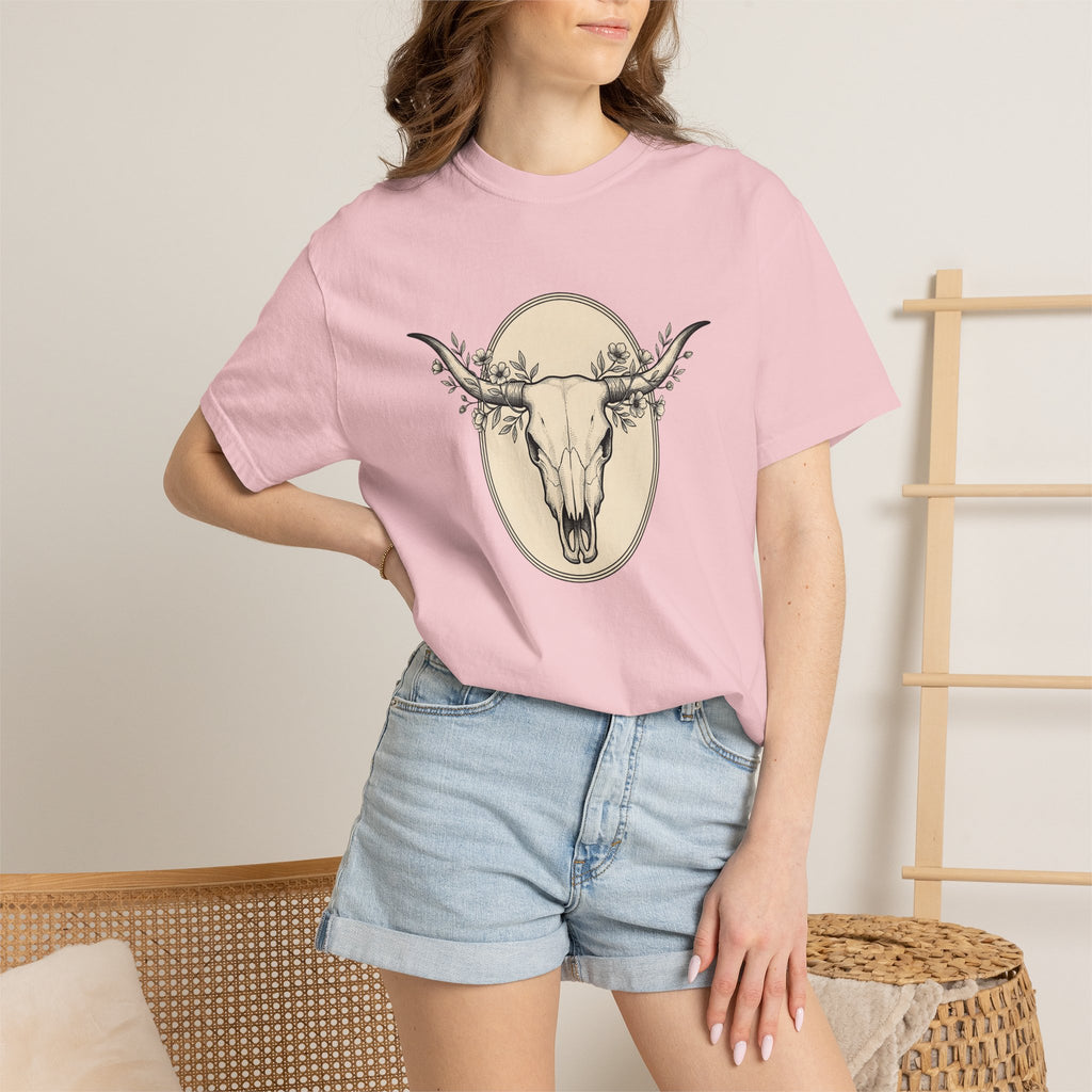Cow Skull Shirt Cowgirl Cowboy Gift Women Southwestern Tee Bull Skull T-Shirt Rodeo Fan Western Tshirt Cowboy Graphic Rustic Meadow Flowers