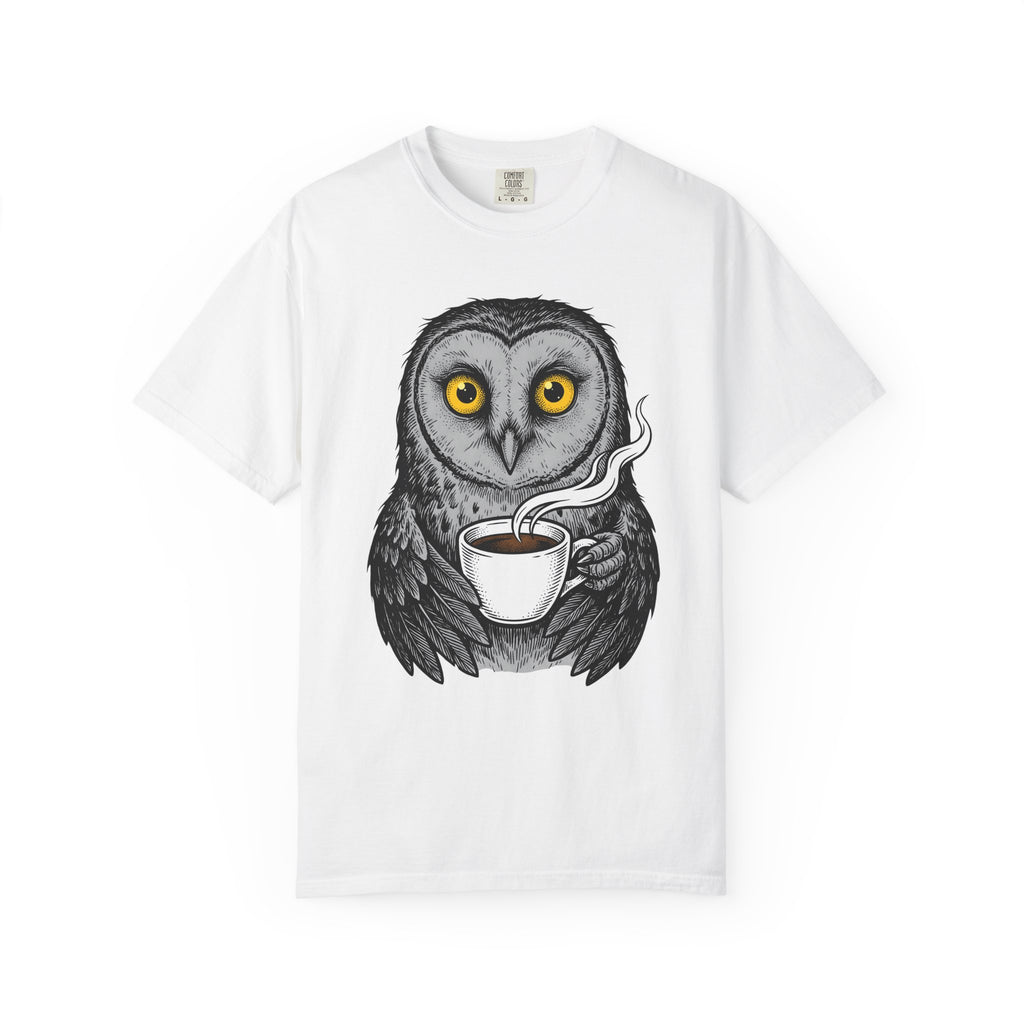 Owl Coffee Mug Shirt Coffee Pets Gift Women Line Art Tee Owl T-Shirt Coffee Fan Hoot Graphic Hand Drawn Steam Wave Tshirt