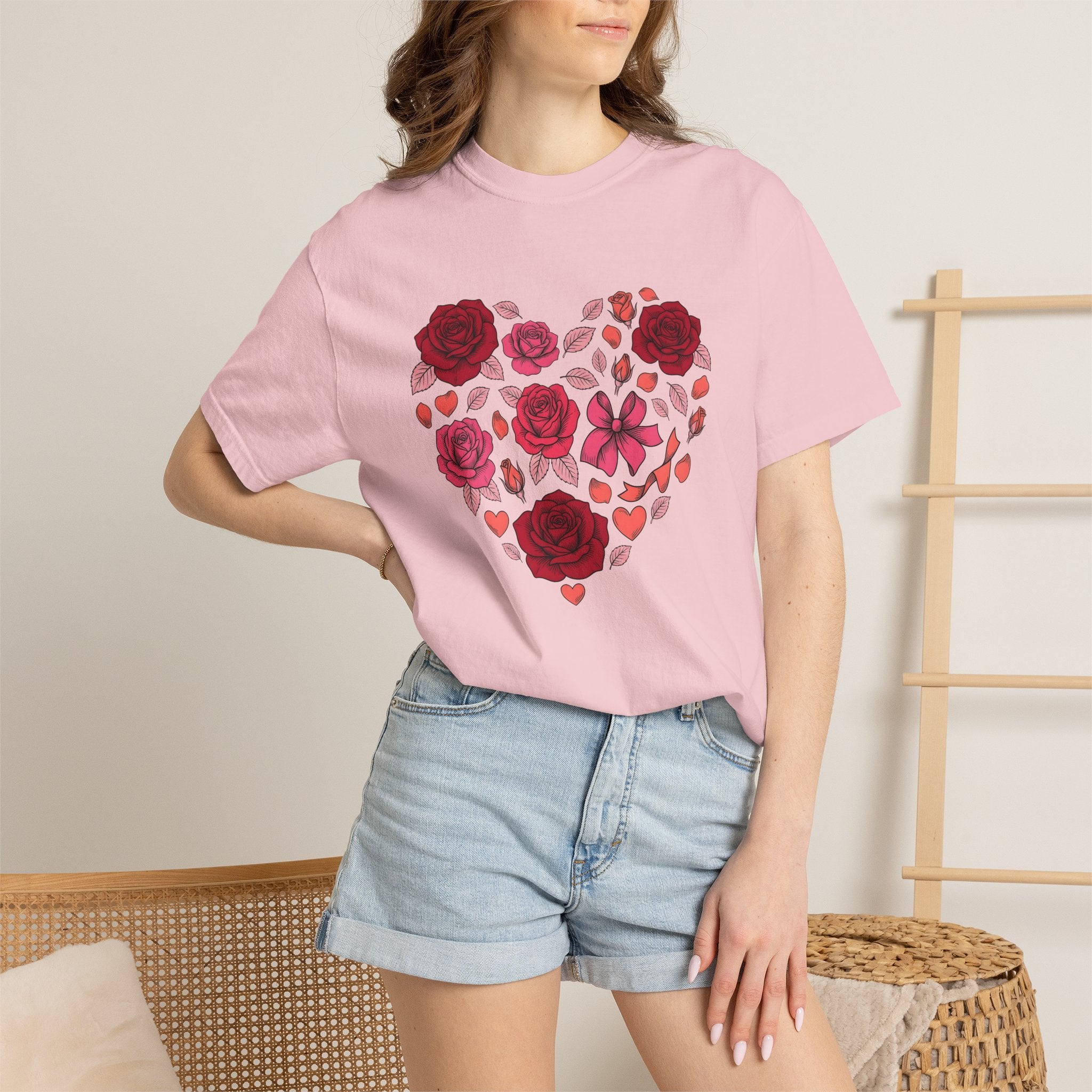 Rose Heart Shirt Valentines Day Floral Gift Women Hand Drawn Tee Heart T-Shirt Valentine Fan Illustrated Tshirt Floral Design Vintage Bow